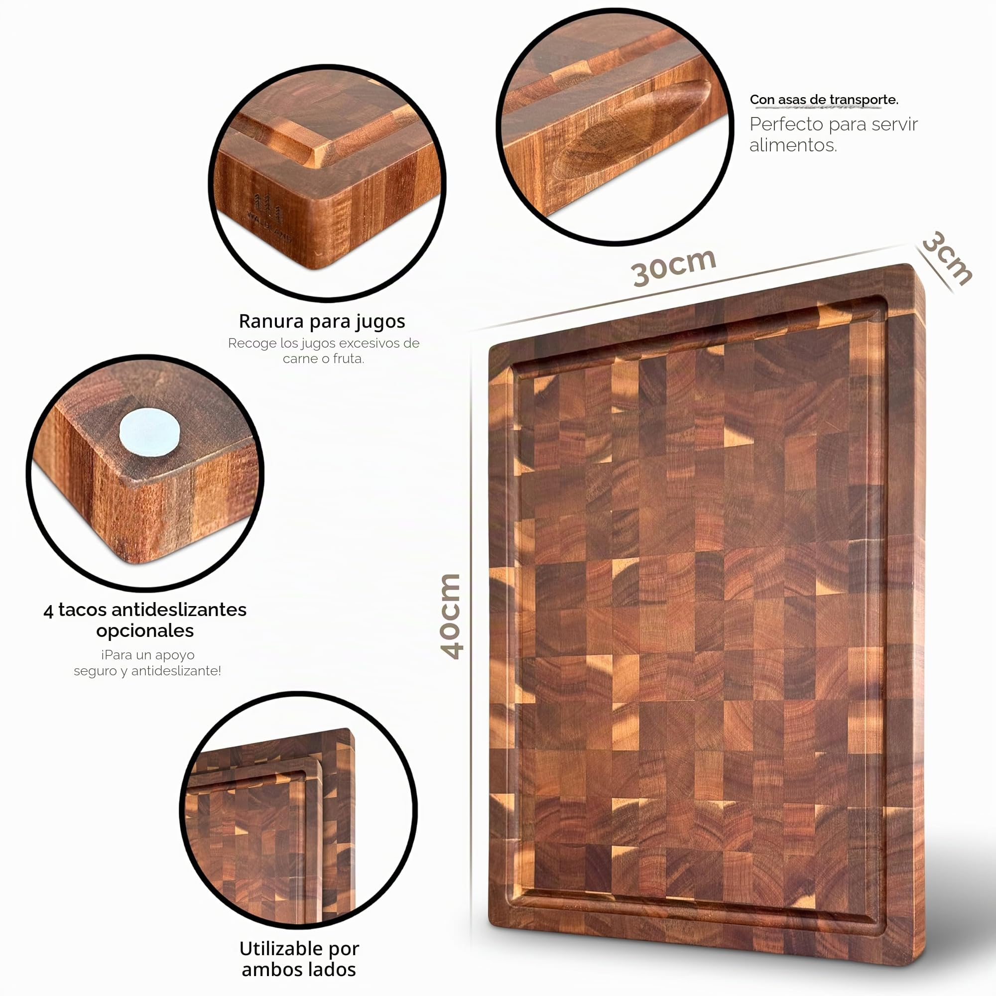 WALDLAND Tabla de cortar de madera premium grande 40 x 30 x 3 cm | Hecha de robusta madera de acacia | Tabla de madera para cocina | Tabla de cortar gruesa con surco para jugos | Extremo de madera |