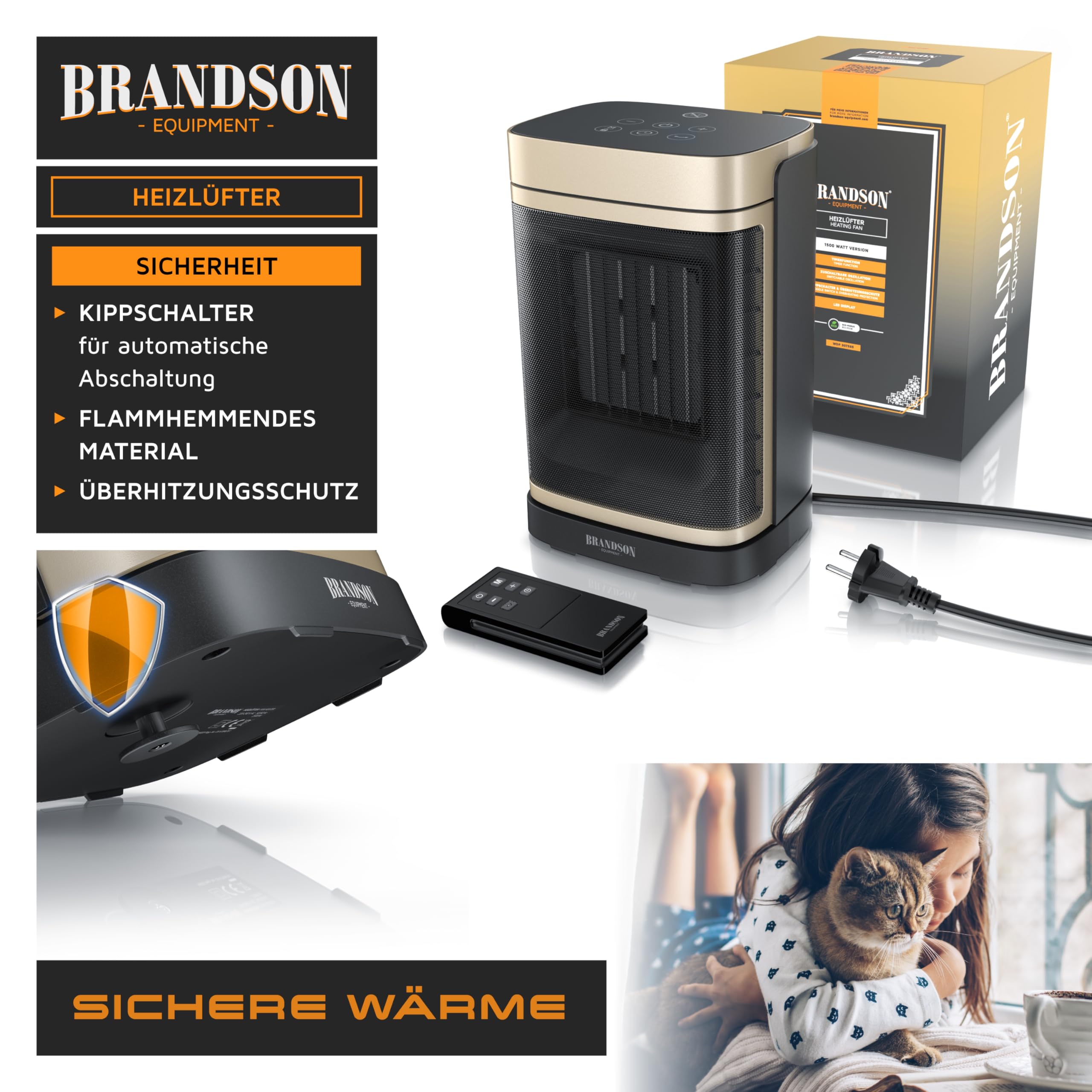 Brandson - Heizlüfter ECO Design - mit Fernbedienung - ECO Modus für energiesparenden Betrieb – Oszillation - 2 Heizstufen - Überhitzungs- und Umkippschutz - Badezimmer Schlafzimmer Baby Kinderzimmer