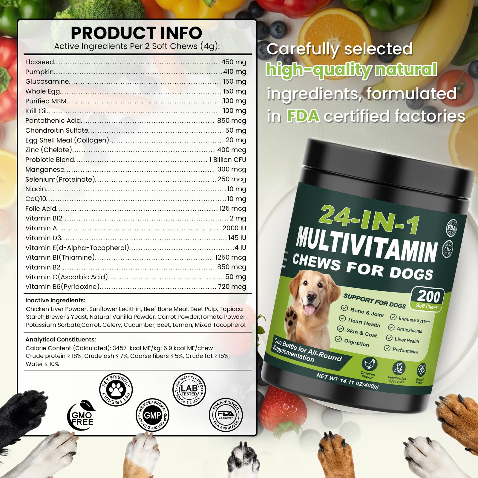 24-in-1 Dog Vitamins and Supplements 200 Ct Multivitamin for Dogs Chewable Contain Glucosamine Chondroitin Probiotics Omega-3 for Skin Coat,Hip & Joint,Heart,Liver,Brain,Eyes - Chicken Flavor - image 6