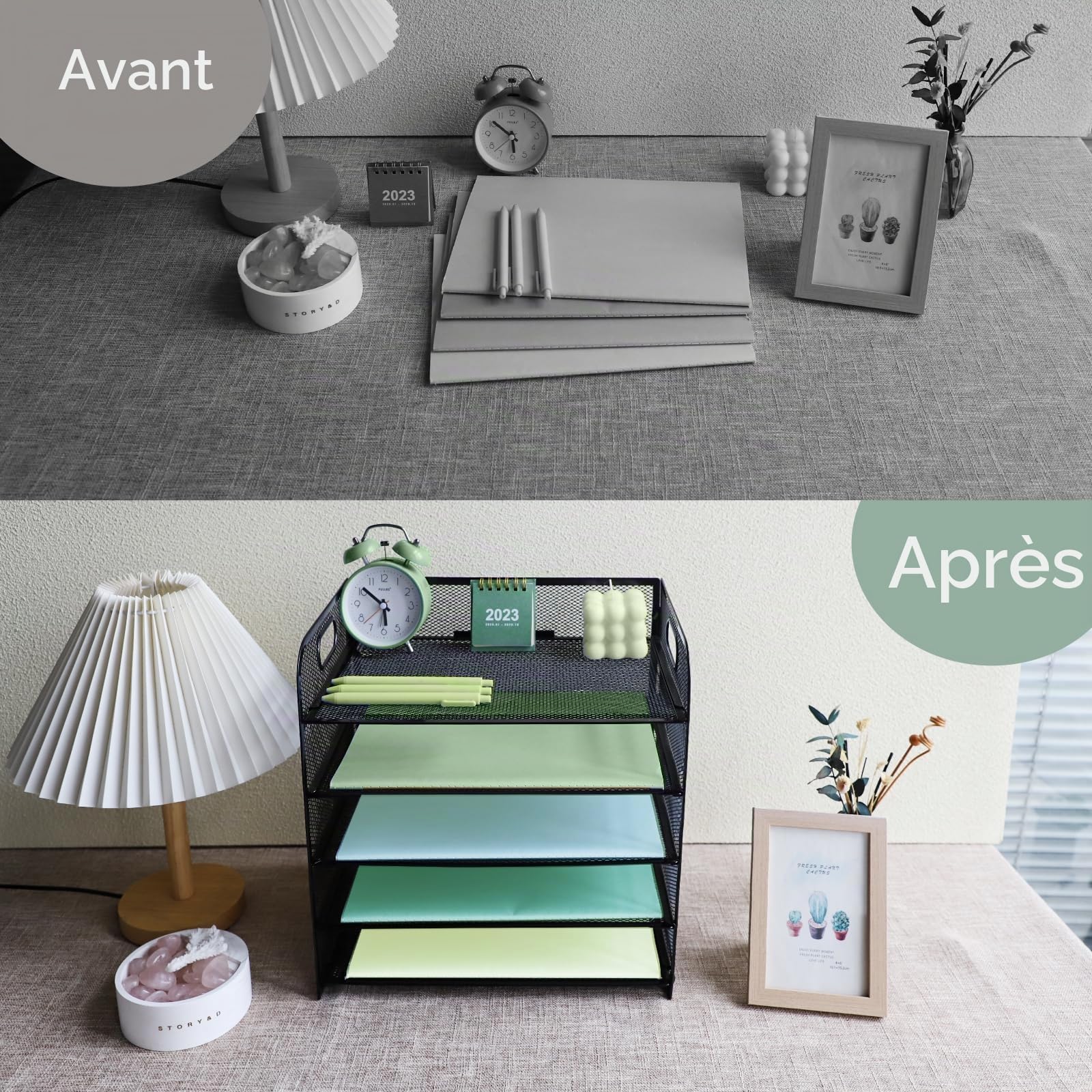 Lot de 2 corbeilles à courrier avec poignée, organiseur de bureau en maille métallique à 5 niveaux, plateaux pour papier A4, porte-revues et porte-documents