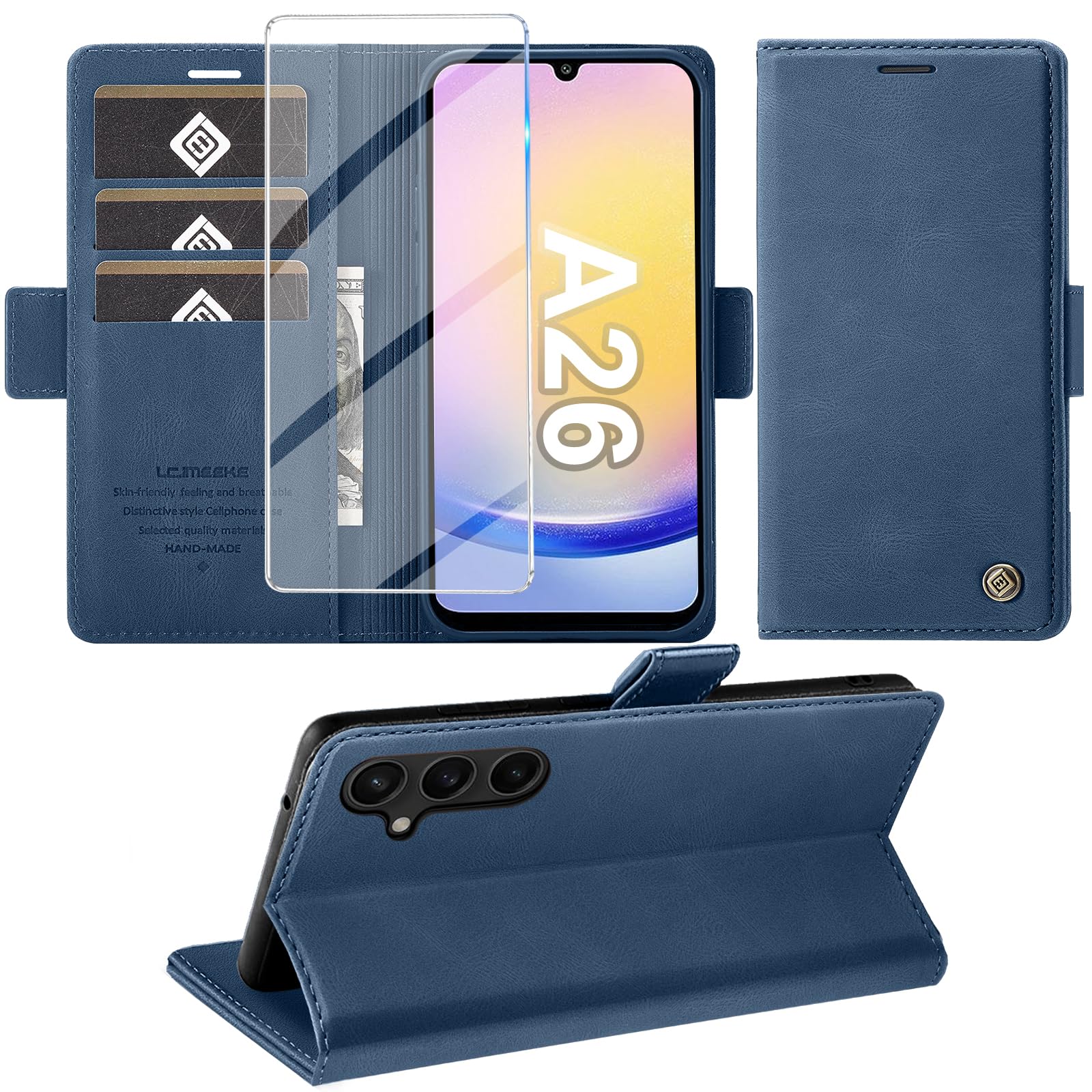 Giyer Cover per Samsung Galaxy A26 5G Custodia con Vetro Temperato, Premium Pelle PU Portafoglio Slot per Scheda RFID Antifurto Funzione Supporto Flip Case, Antiurto per Samsung A26 5G Cover (Blu)