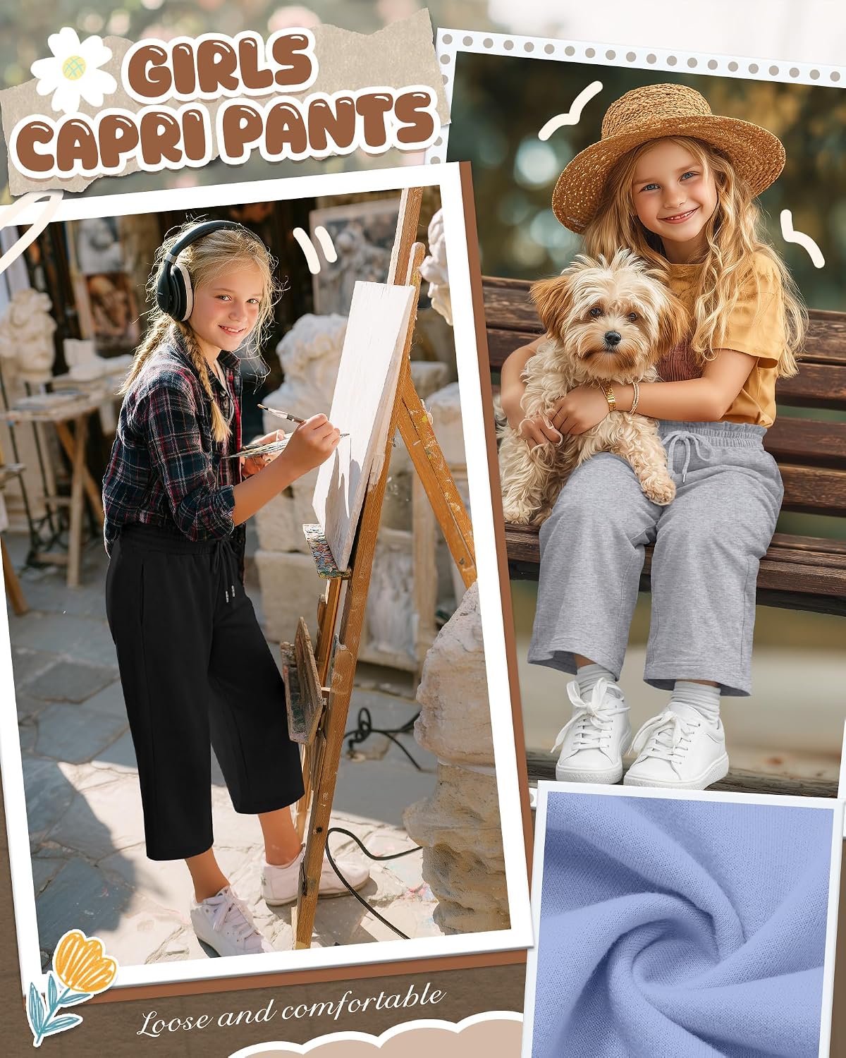 3 Pack Girls' Capris Teen Wide Leg Capri Pants Drawstring Lettuce Elastic Waist Loose Fit Sweatpants with Pockets