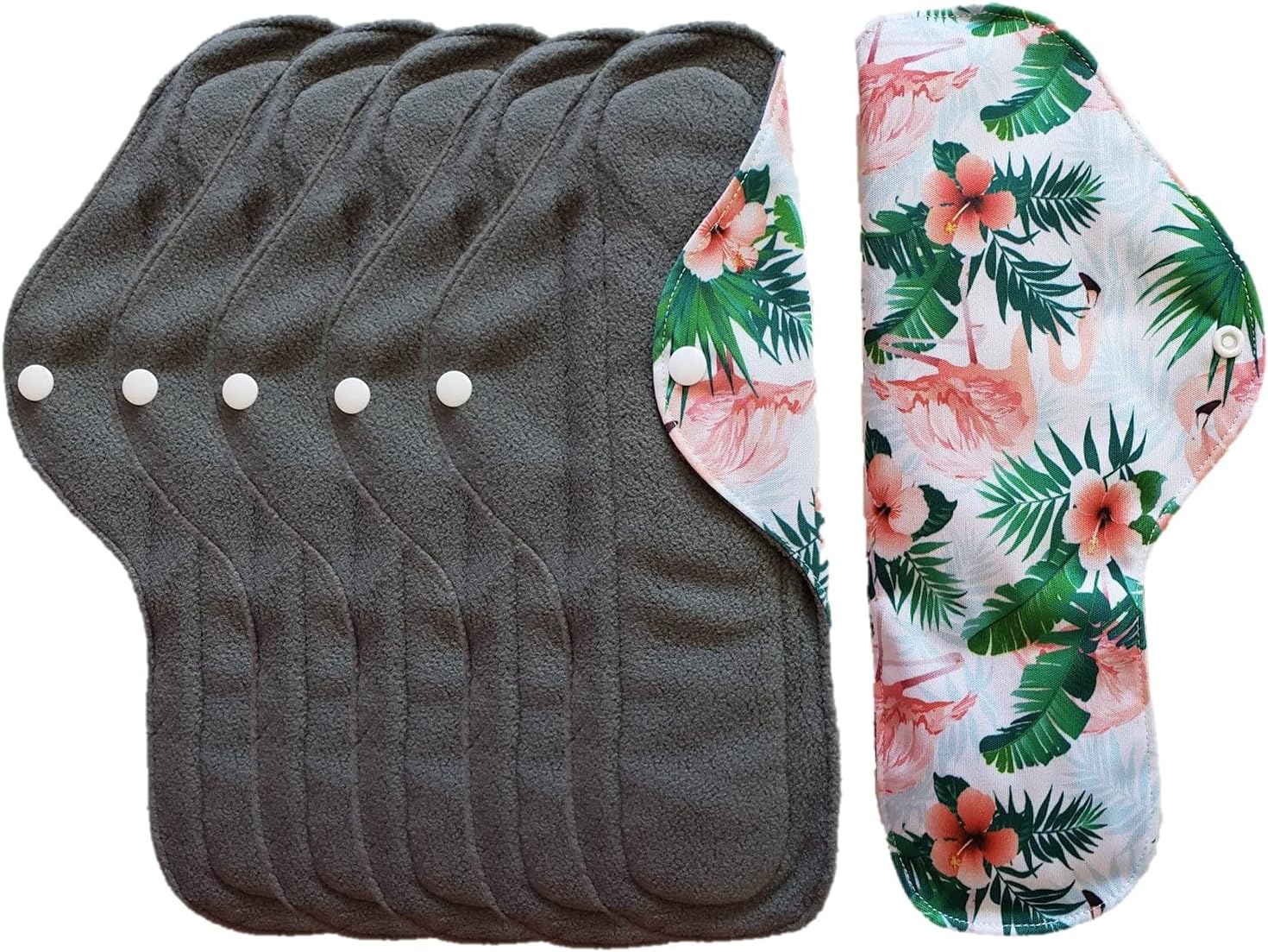 Aslana 6-Pack Reusable Cloth Menstrual Pads Sanitary Napkins for Heavy & Overnight Flow (L, Flamingo Floral)