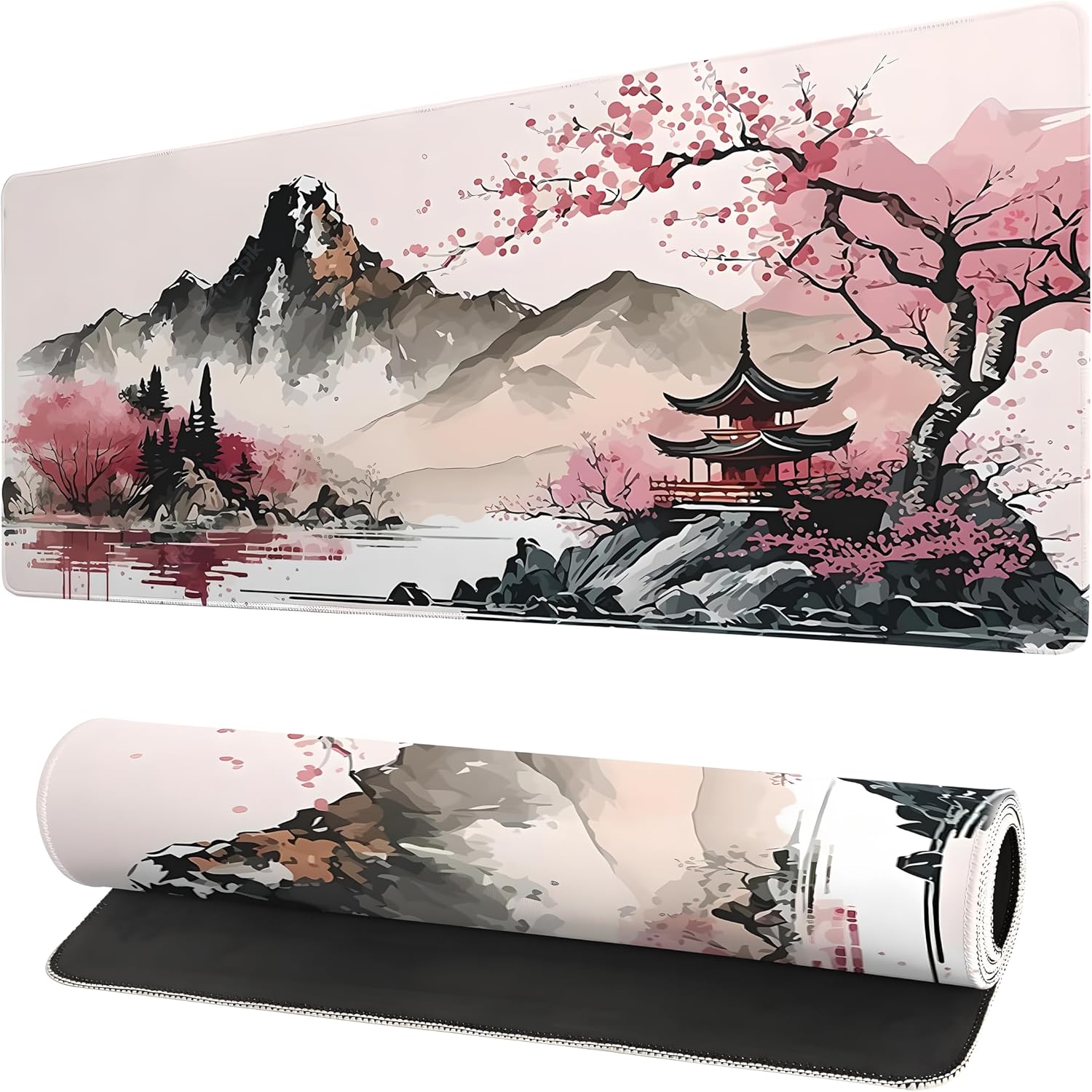 Watercolor Cherry Blossom Mouse Pad 31.5 x 11.8 in,Full Desk Japanese Mouse Pad,Extended Large Stable Rubber Base Waterproof Large Keyboard Mat with Stitched Edges for Gaming and Office