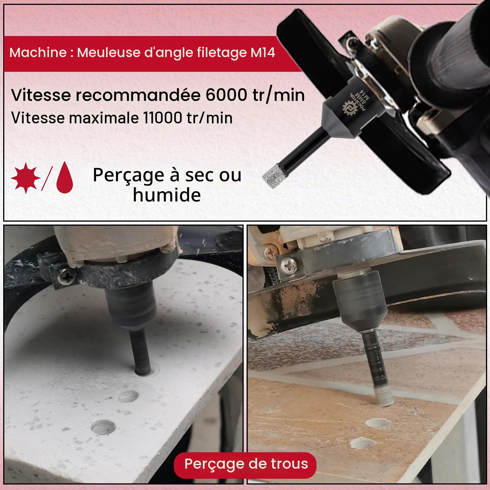 FOCSTOL Scie Cloche Diamant - 10 pièces 6mm Foret Diamant Carrelage pour Porcelaine Céramique Carrelage Marbre Granit M14 Filetage pour Meuleuse d'Angle