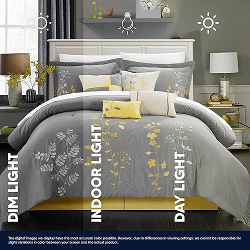 Miniatura 7 de Chic Home, set de cama de 8 unidades, colcha bordada con diseño floral., Microfibra, Amarillo, King