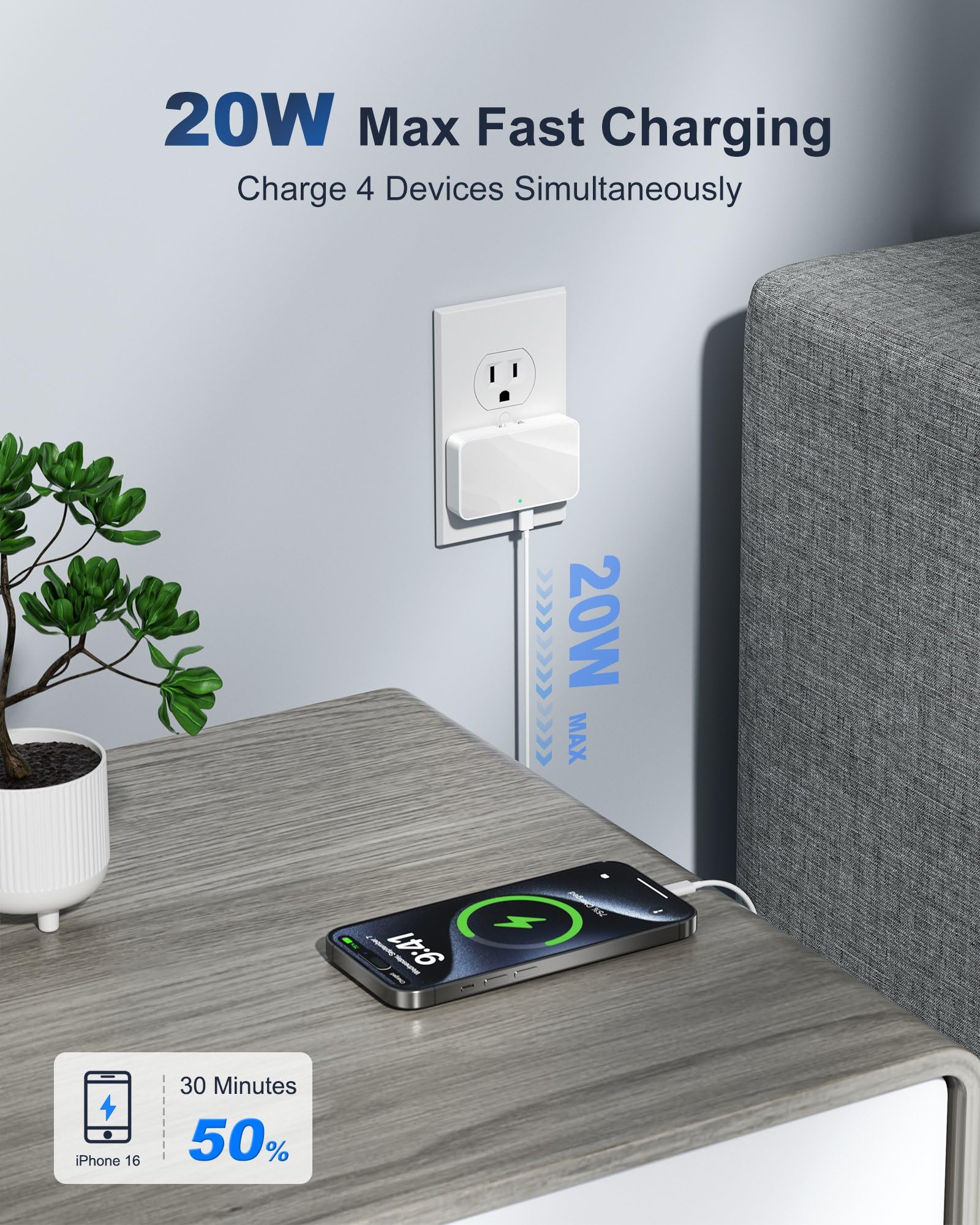 Bloque de cargador de pared USB de 30 W, enchufe de carga USB C plano ultra fino, adaptador de corriente USB plegable para iPad, iPhone 15/16, modelos Samsung, enchufe de salida de carga rápida de 30