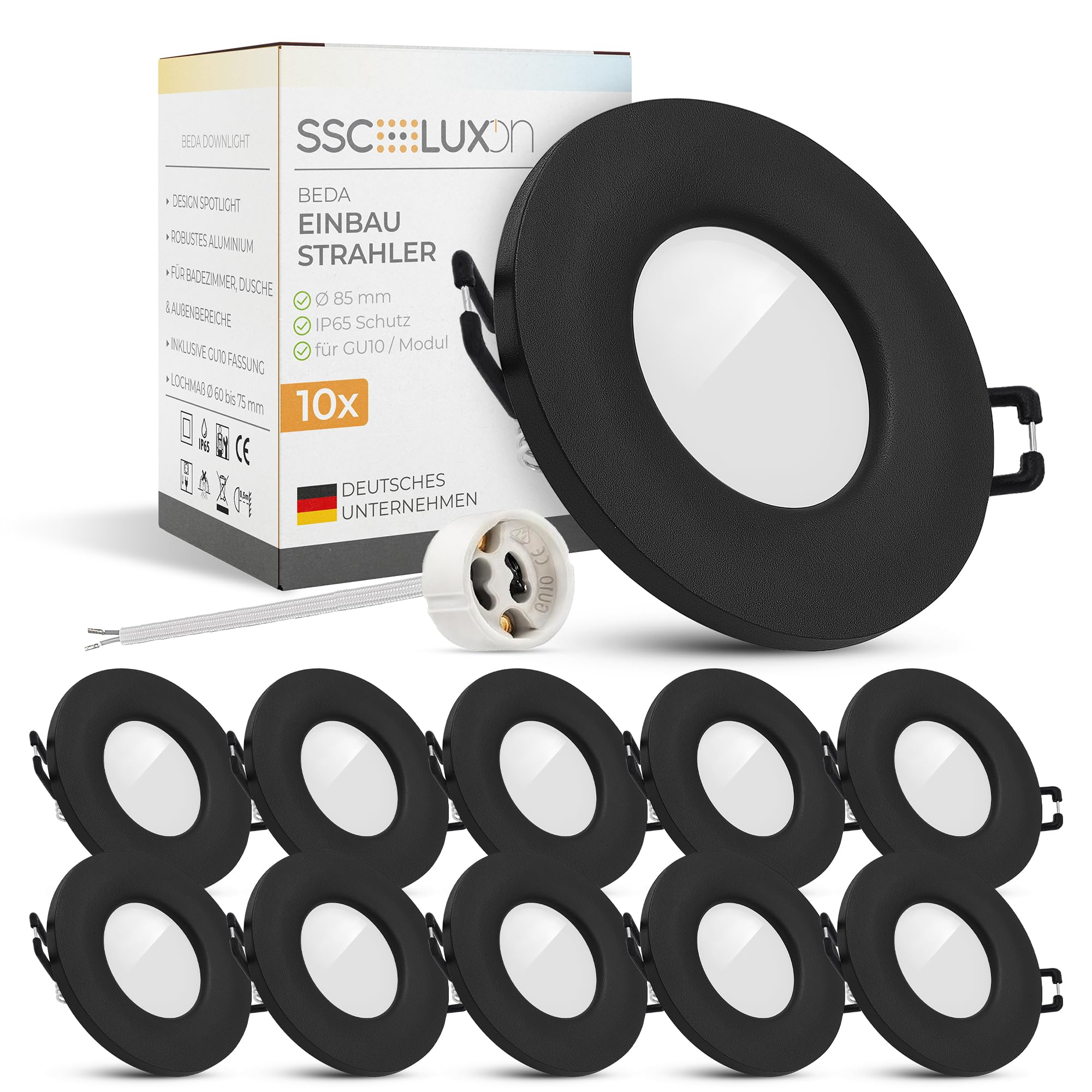 SSC-LUXon Beda - 10 faretti da incasso, colore nero, rotondo, piatto, IP65, per GU10 (senza lampadine), per bagno ed esterni