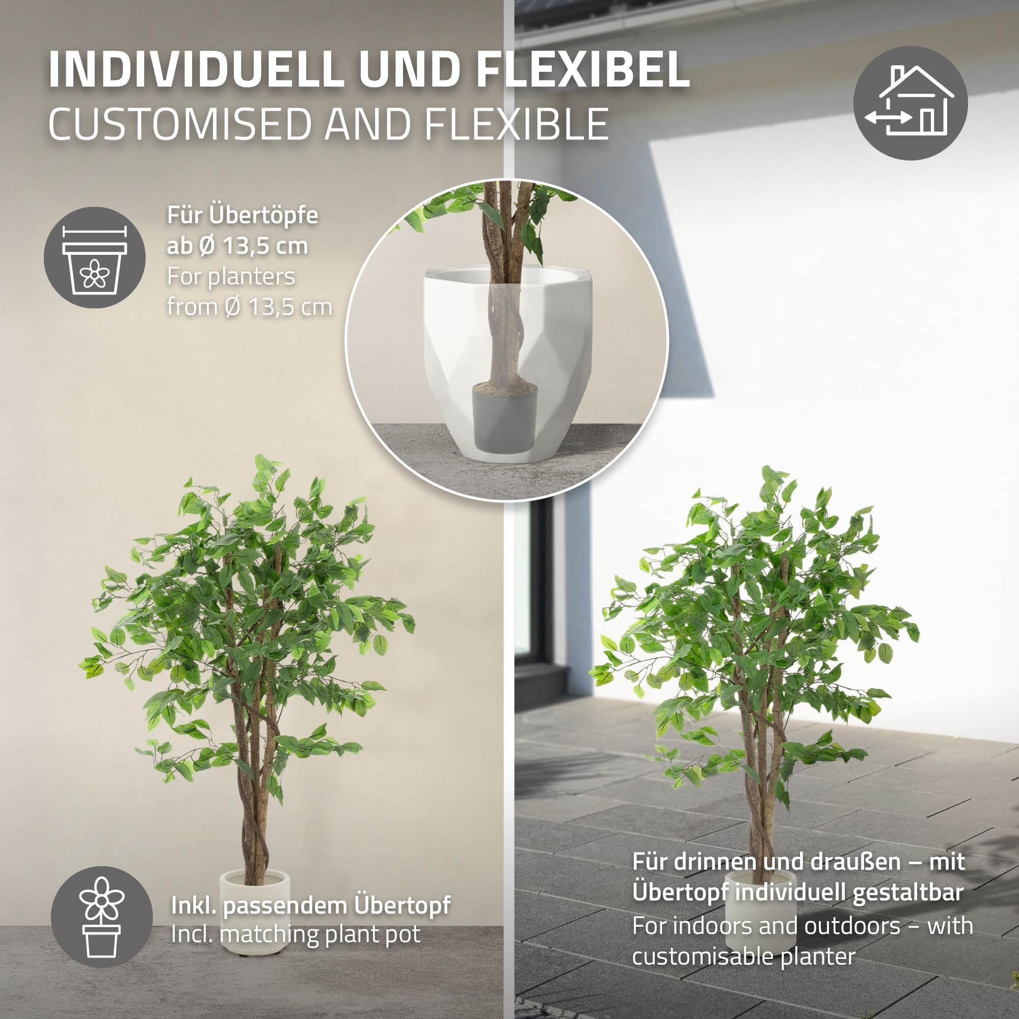 ML Design - Pianta artificiale Ficus, 120 cm, piante artificiali grandi come vere, finte da interno con tronco in legno naturale, per interni ed esterni, facile da pulire, per soggiorno e ufficio