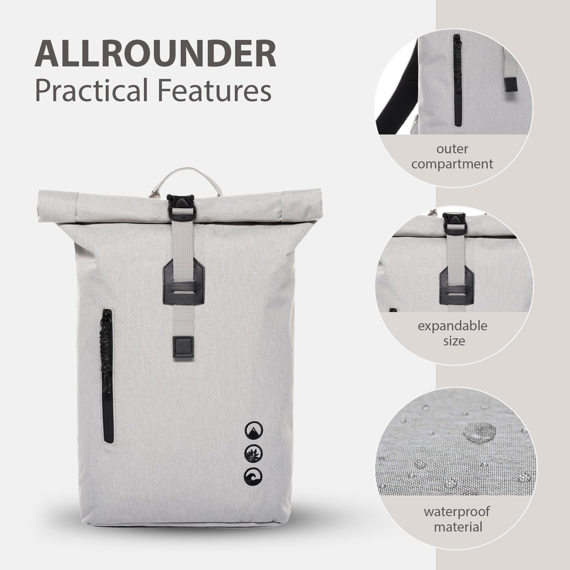 Mochila Roll-Top Daypack Alani - Pet Reciclado, Repelente al Agua - con Funda extraíble para portátil - Plana y Ligera, Mochila para Bicicleta Gris Claro