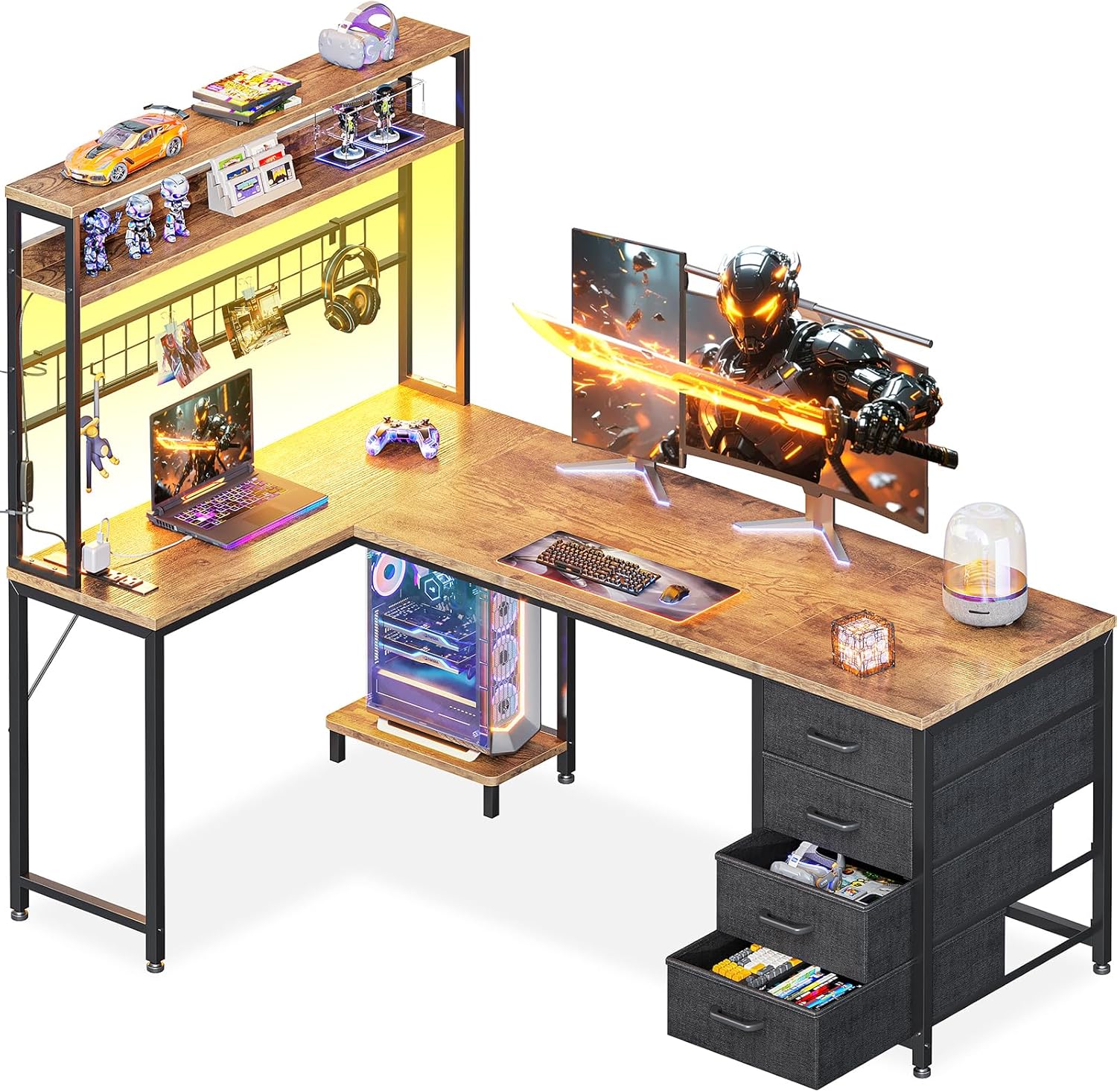 AODK L Shaped Gaming Desk with Hutch, 59" Computer Desk with 4 Drawers & Storage Shelves, Reversible Corner Desk with LED Light & Power Outlets, Gamer Table for for Home Office, Vintage