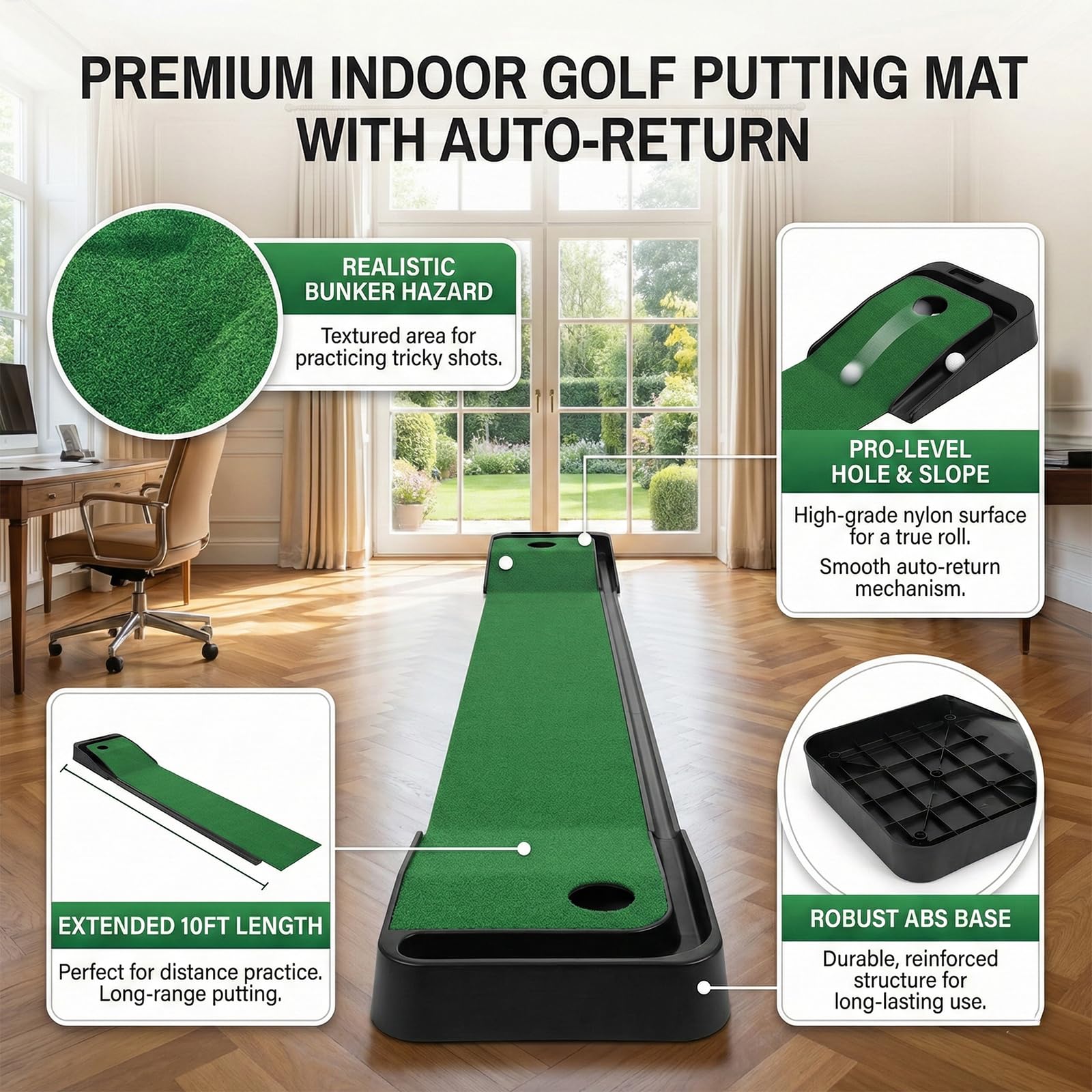 Tapis de golf vert d'intérieur avec retour automatique de balle et 3 trous, entraînement à domicile et aide à la pratique pour homme, tapis de golf adapté pour bureau, salle de loisirs, terrasse