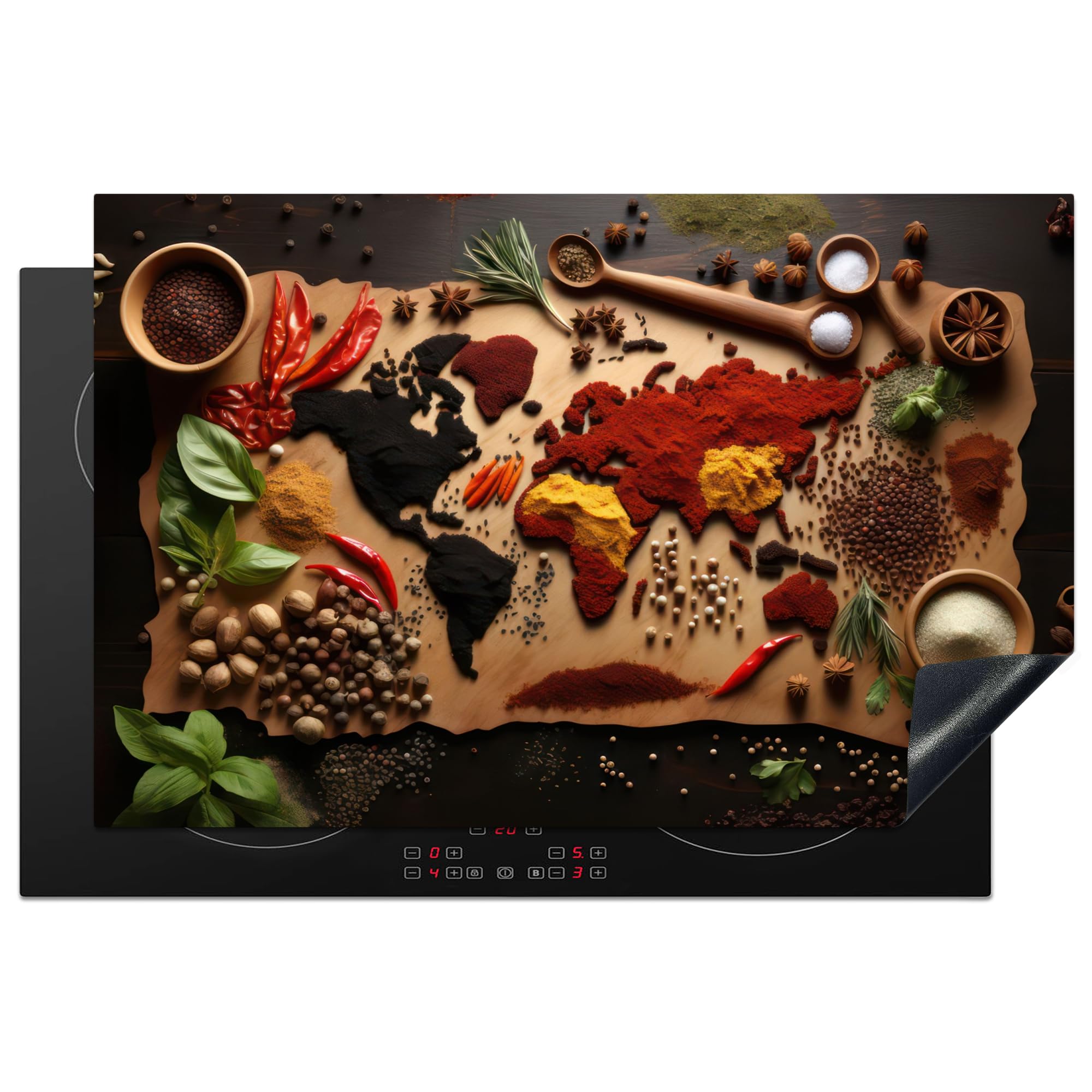 KitchenYeah© Induction Hob Protector Mat 20.5"x31.5" / 80x52 cm Stove Cap Top Cover Kitchen Cooker Covers for Electric Hobs Vinyl Herbs - Spices - World Map - Brown - Spoon - Colourful — image 1