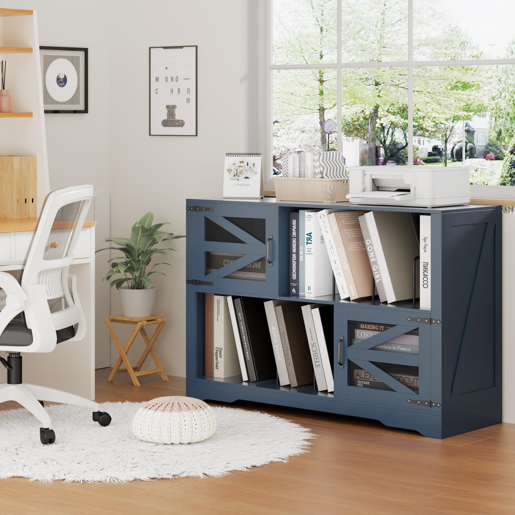 120 * 40 * 79cm MDF Vinyl Schallplattenständer ，Echtholz-Optik Ständer für bis zu 500, 2× Steckdose & 2× USB, Umfallschutz, Kompaktes Sideboard für Wohnzimmer & Plattenspieler (Blau)