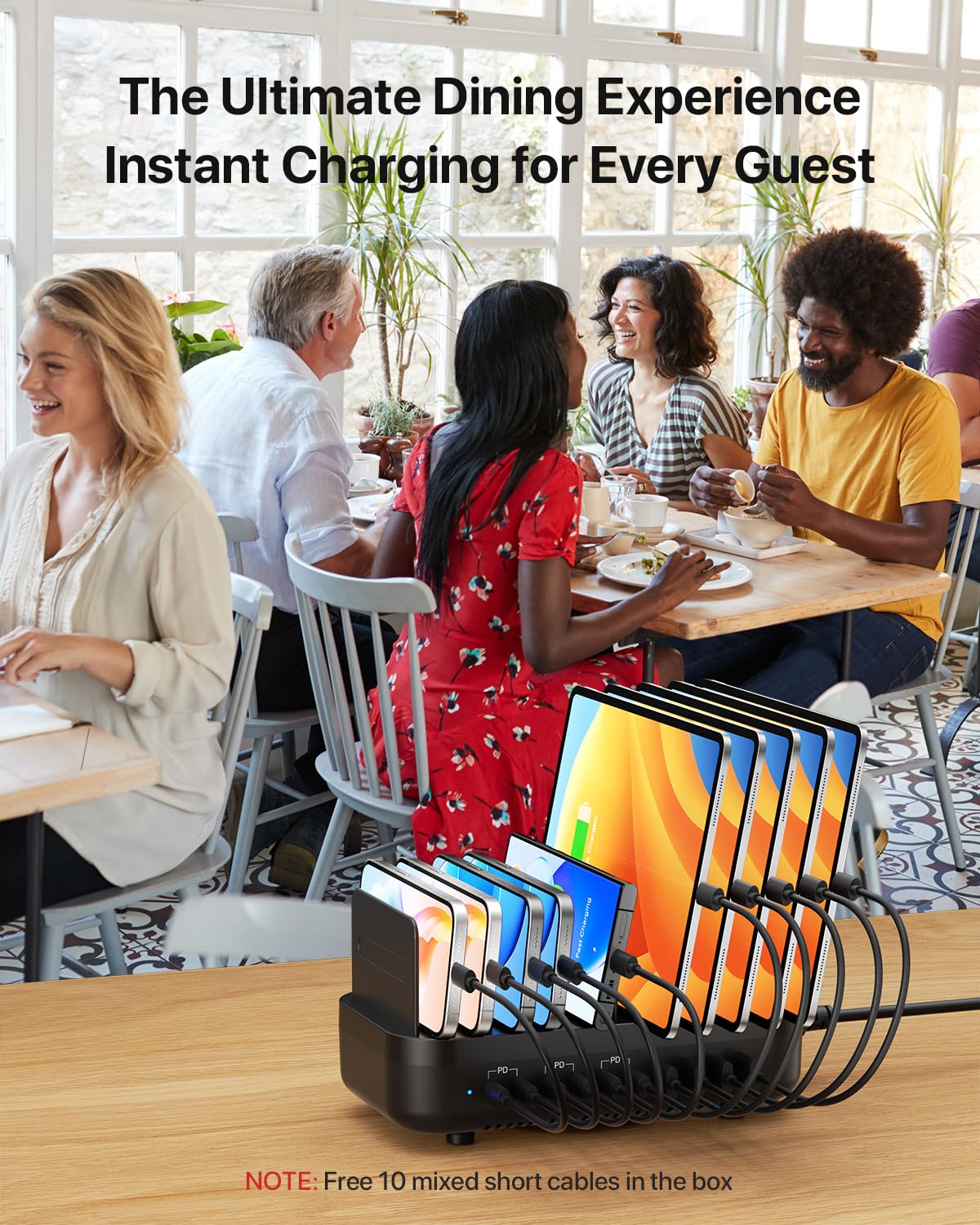 SooPii Stazione di ricarica da 100 W a 10 prese con 6 porte USB-C veloci, 4 porte USB-A e 10 cavi misti per telefoni cellulari lPhone, Galaxy, lPad e Android, ideale per casa, ufficio o ristorante