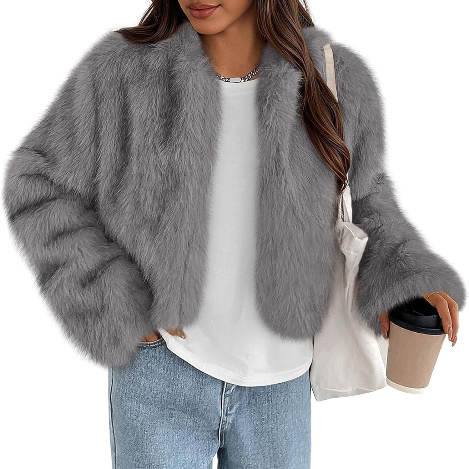 PRETTYGARDEN Womens 2025 Winter Coats Fluffy Cropped Faux Fur Jacket Long Sleeve Open Front Shaggy Outerwear Trendy Clothes