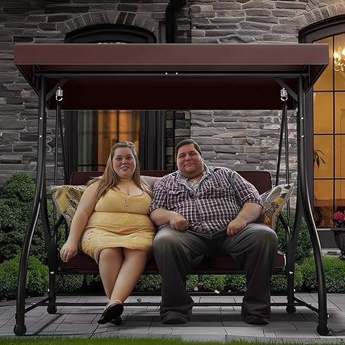 Miniatura 7 de Silla de columpio 3 en 1 con cubierta de toldo ajustable y cojines de repuesto, columpio de patio de 3 asientos con soporte resistente para patio