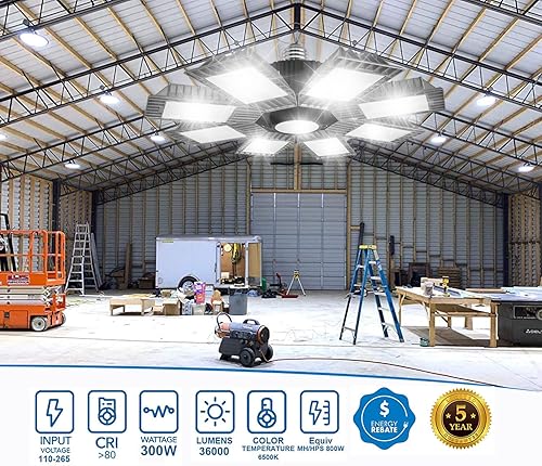Miniatura 3 de Luz LED de alta bahía para tienda, 8 paneles de luces LED de garaje de 300 W con adaptación E26 a E39, 36000 lm de alto brillo, ideal para almacén,