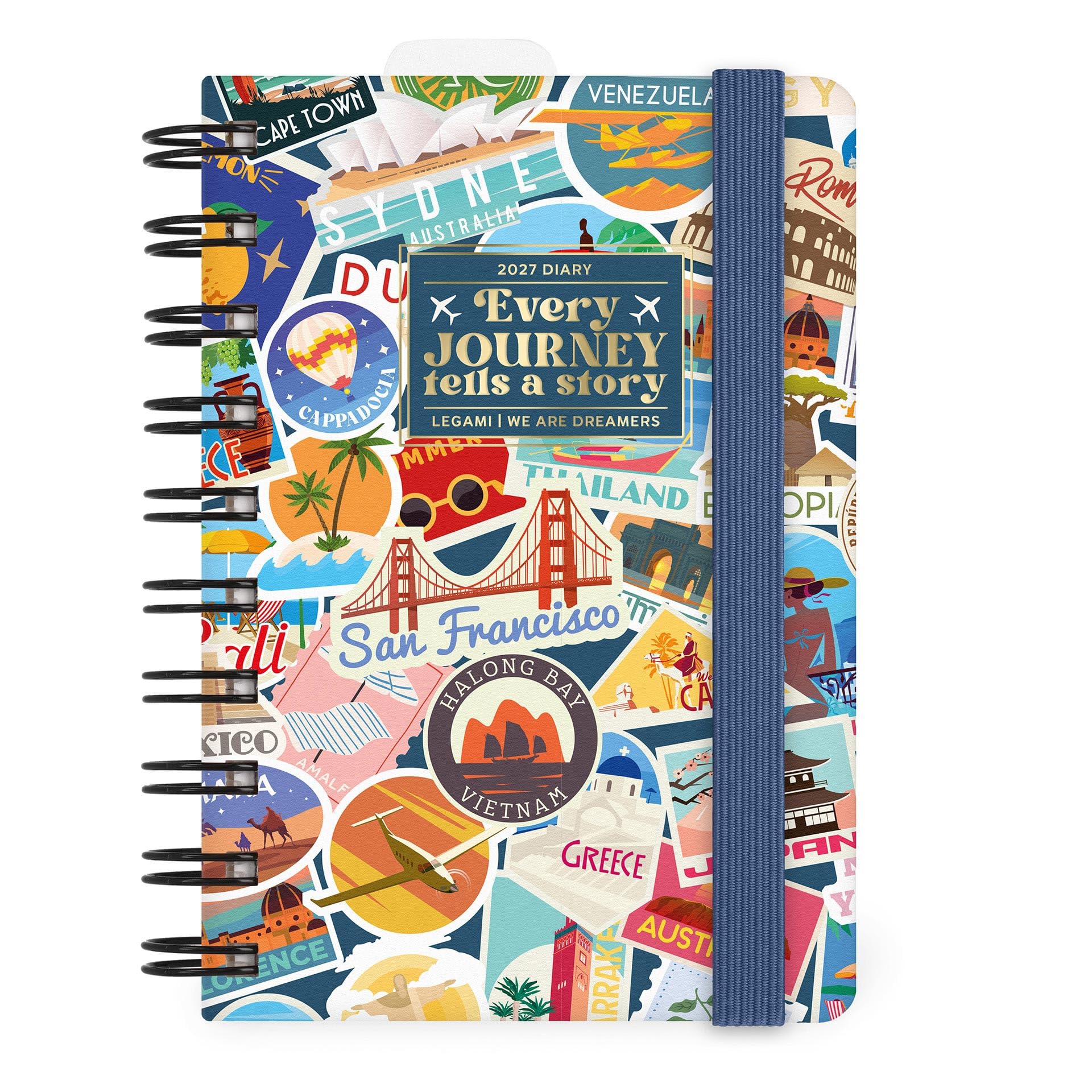 Legami - Small Spiral Daily Diary 2027, Travel Stickers, 12 Months, Elastic Closure, Diary from January 2027 to December 2027, in FSC Certified Paper, 8.5 x 13 cm