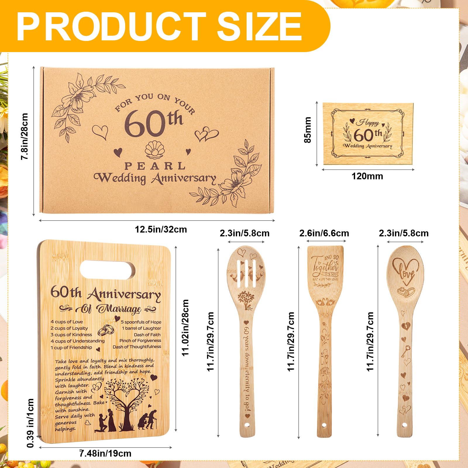 5 Pcs Wedding Kitchen Serving Board Set Anniversary Married Gifts for Women Men Husband Wife Parents Couple Pearl Ruby Golden Diamond Anniversary-recipe for a Happy Marriage(60th)