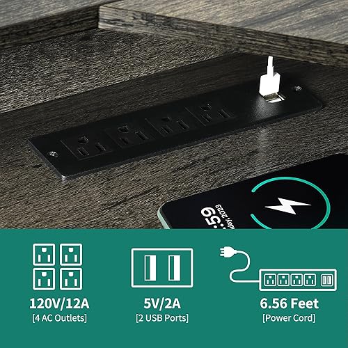 Miniatura 5 de YITAHOME Escritorio en forma de L con tomas de corriente y luces LED, escritorio de esquina de 60 pulgadas con cajones y elevador, escritorio de