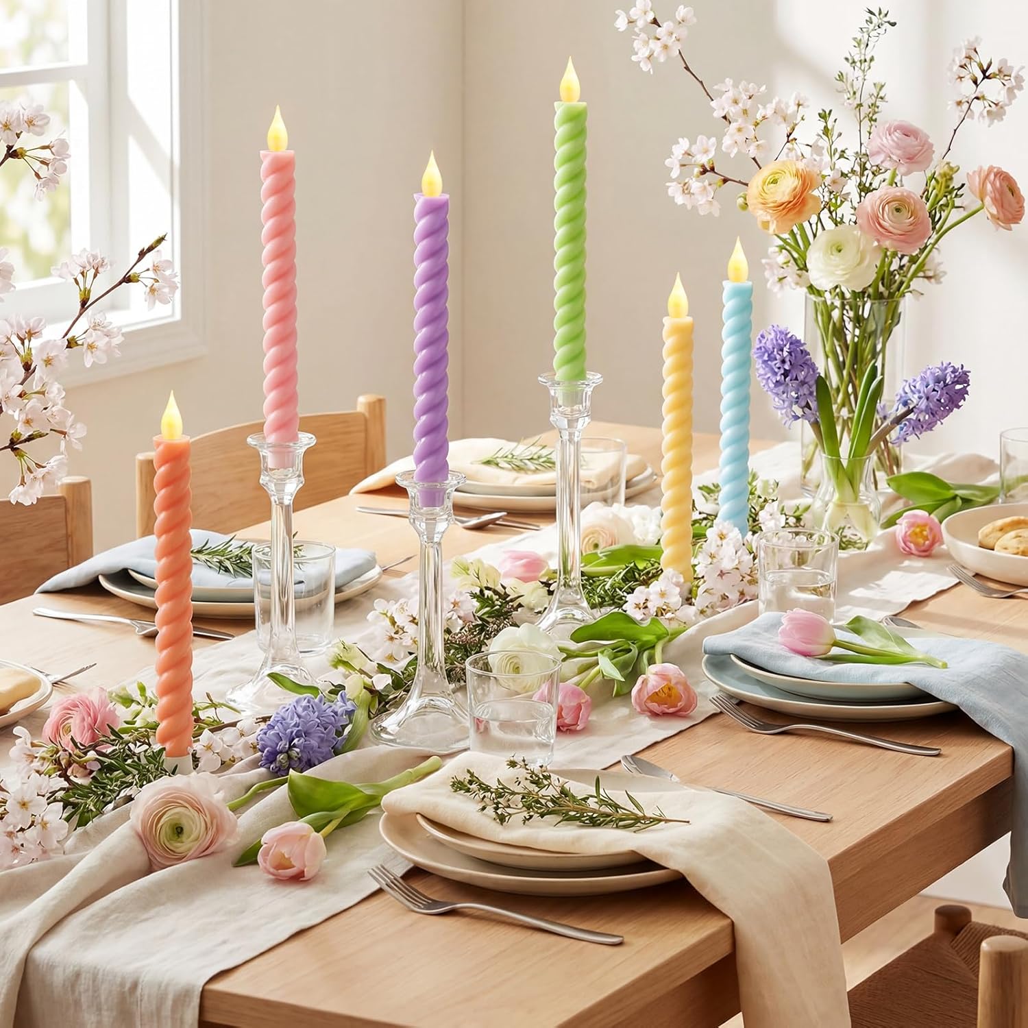 6 Pcs Spring Flameless Taper Candle Pastel Twisted LED Taper Spiral Candlestick 9.65 Inch Colorful Battery Operated Candles Centerpieces for Spring Tea Party Wedding Birthday Easter Home Decor
