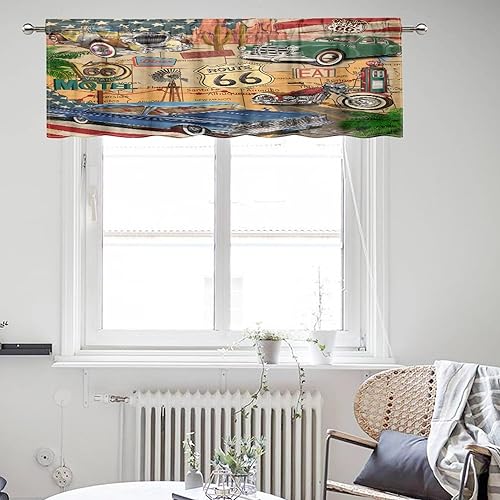 Miniatura 3 de Route 66 Cortinas rústicas de cenefa, retro antiguo coche antiguo clásico de automóvil, motocicleta, decoración de ventanas, cortinas con bolsillo