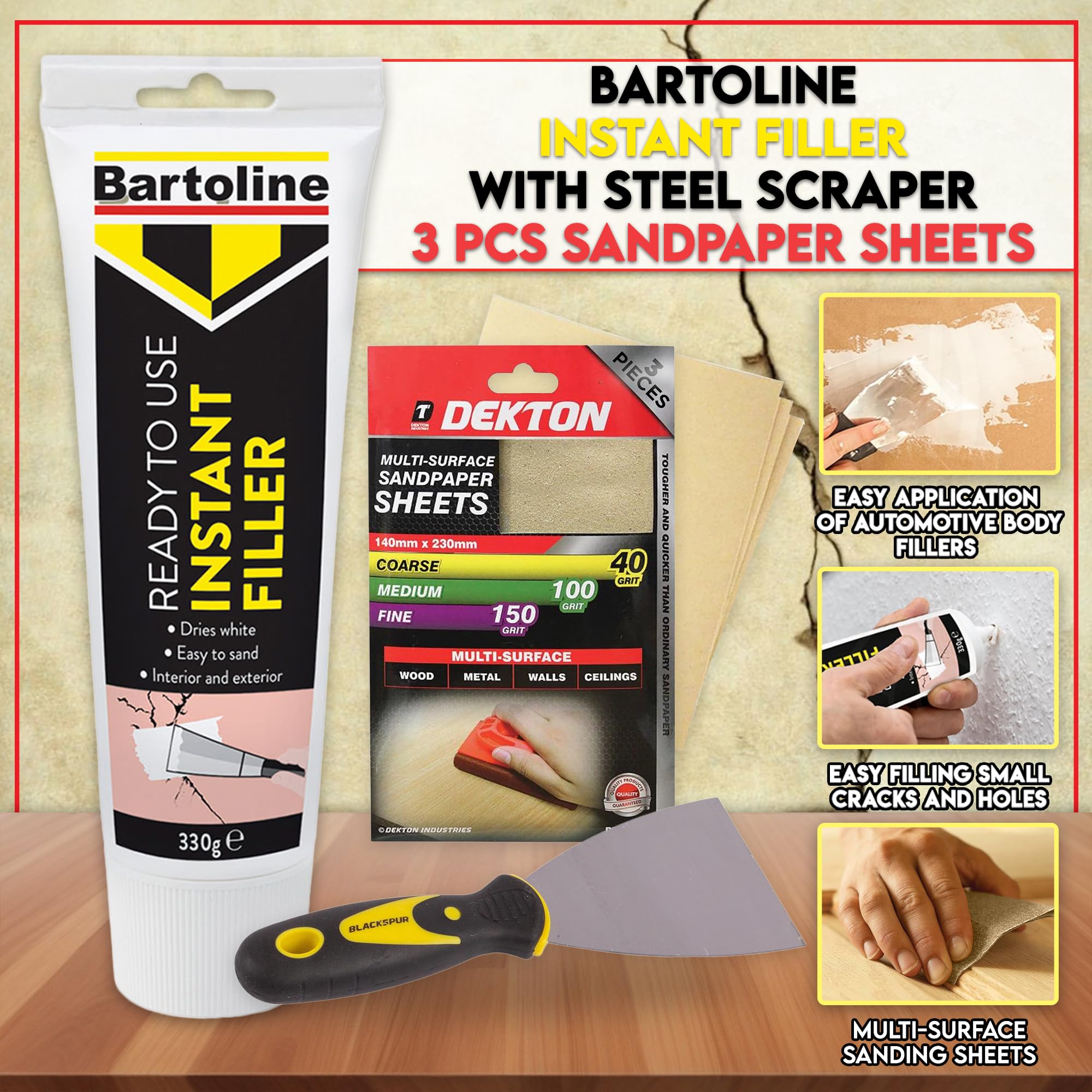 Plaster, Wood & Wall Filler 330g + 3" Filling Tool & Sandpaper - Image 2
