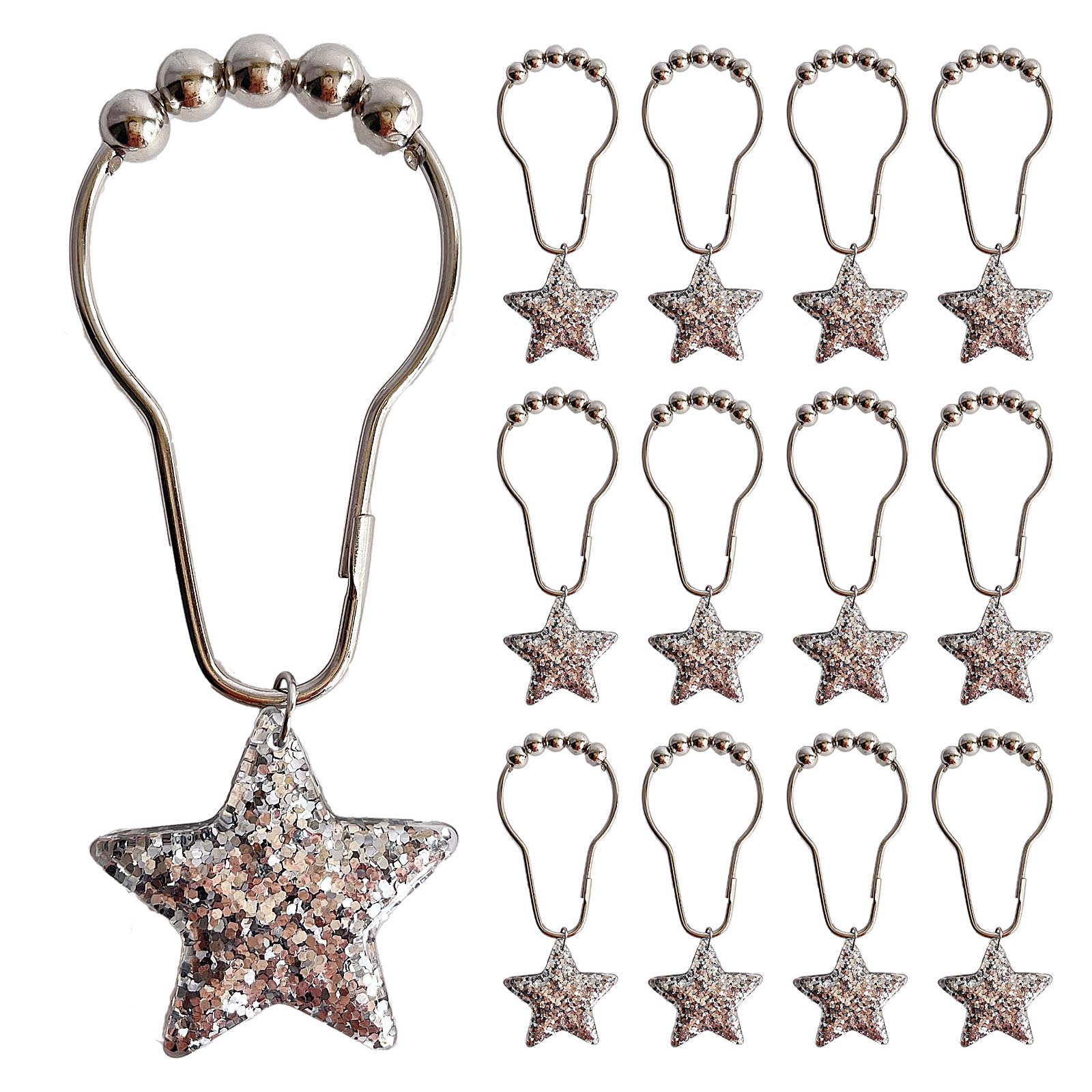 Resin Shower Curtain Hooks 12 Pcs, Rust Proof Shower Curtain Rings for Bathroom, Metal Decorative Shower Curtain Hangers Bathroom Accessories (Silvery)