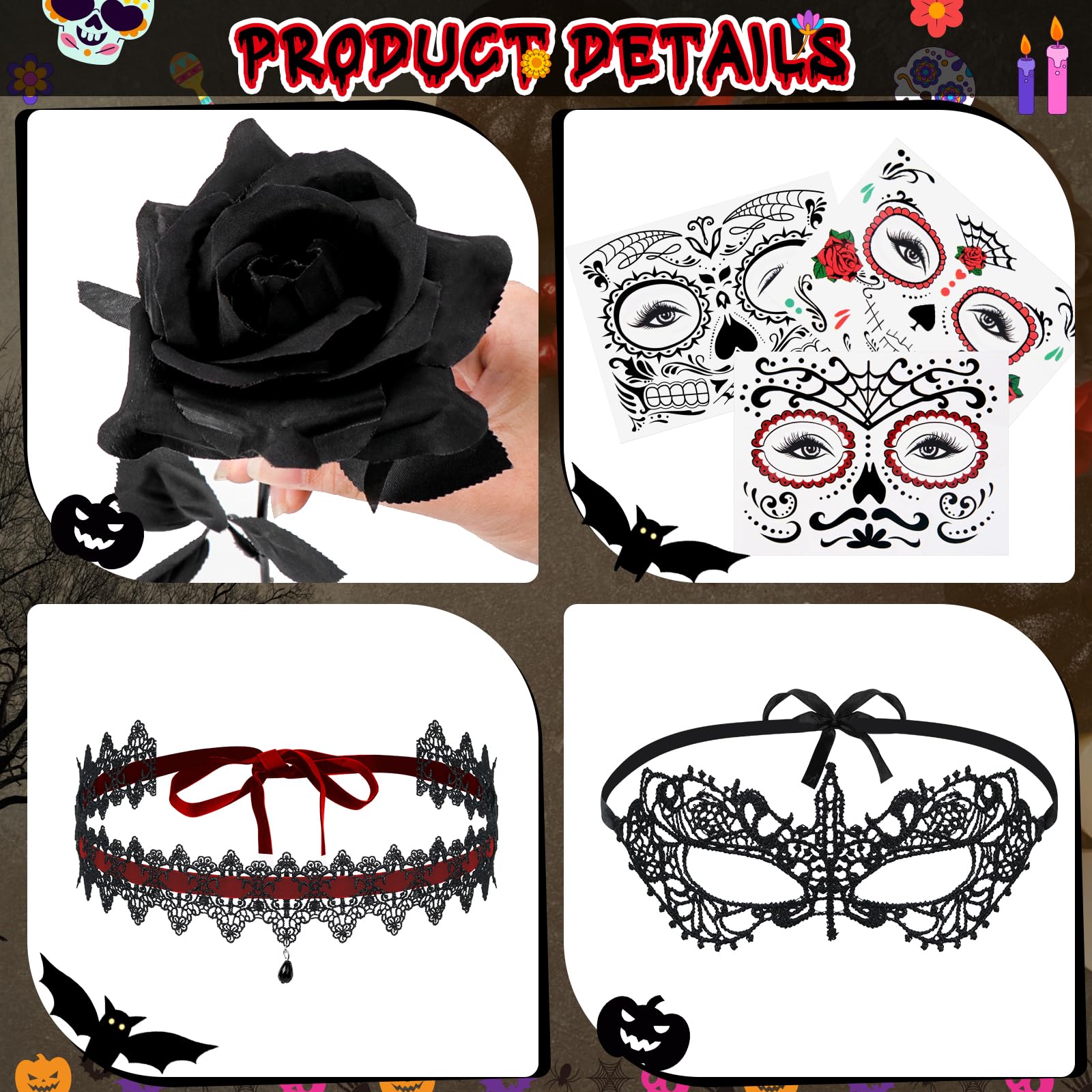 Yotako Day of the Dead Costumes for Women Day of the Dead Headband Accessories, Veil, Tattoo, Black Rose, Necklace - Image 4