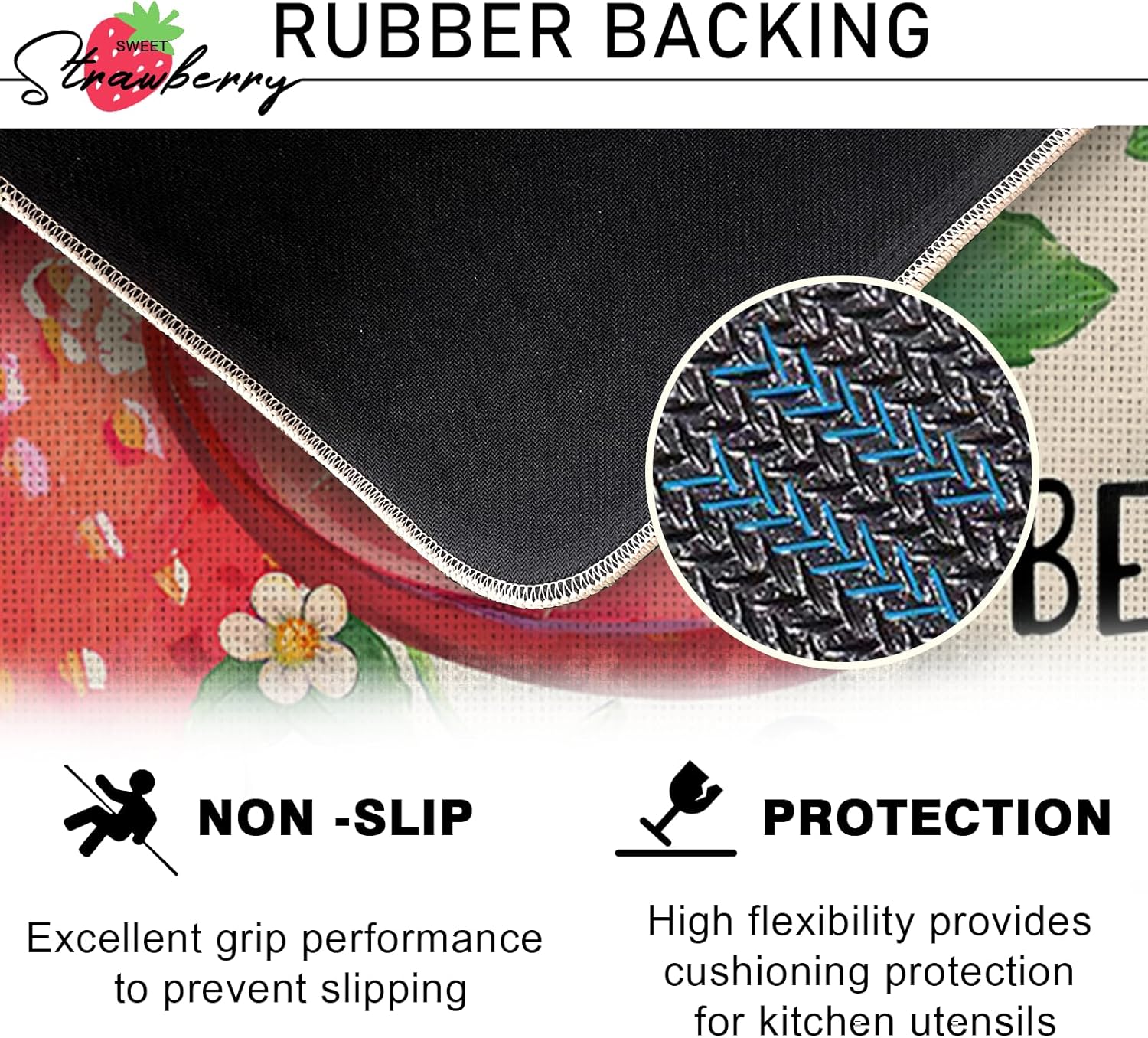 Spring Summer Strawberry Kitchen Rugs Set of 2, Berry Sweet Fruit Bee Kitchen Mats Decor, Live Happy Seasonal Floor Door Mat Home Decorations - 17x29 and 17x47 Inch