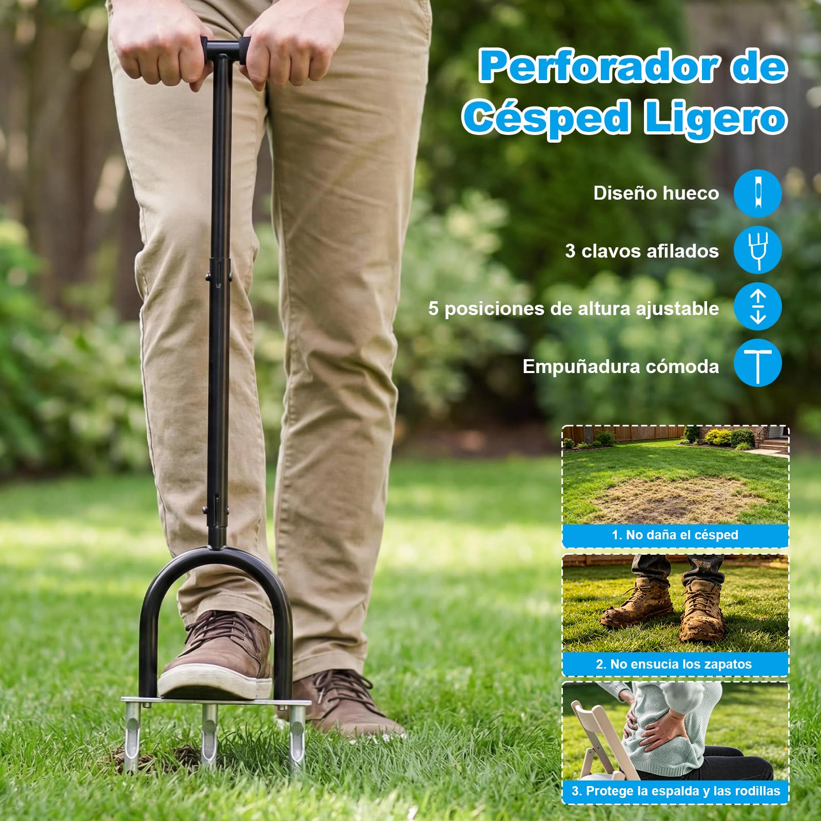 Aireador de césped manual de 3 agujeros con altura ajustable y mango de espuma NBR – Ventilador de núcleo de acero de alta resistencia para aflojar el suelo y el cuidado del césped (revestimiento
