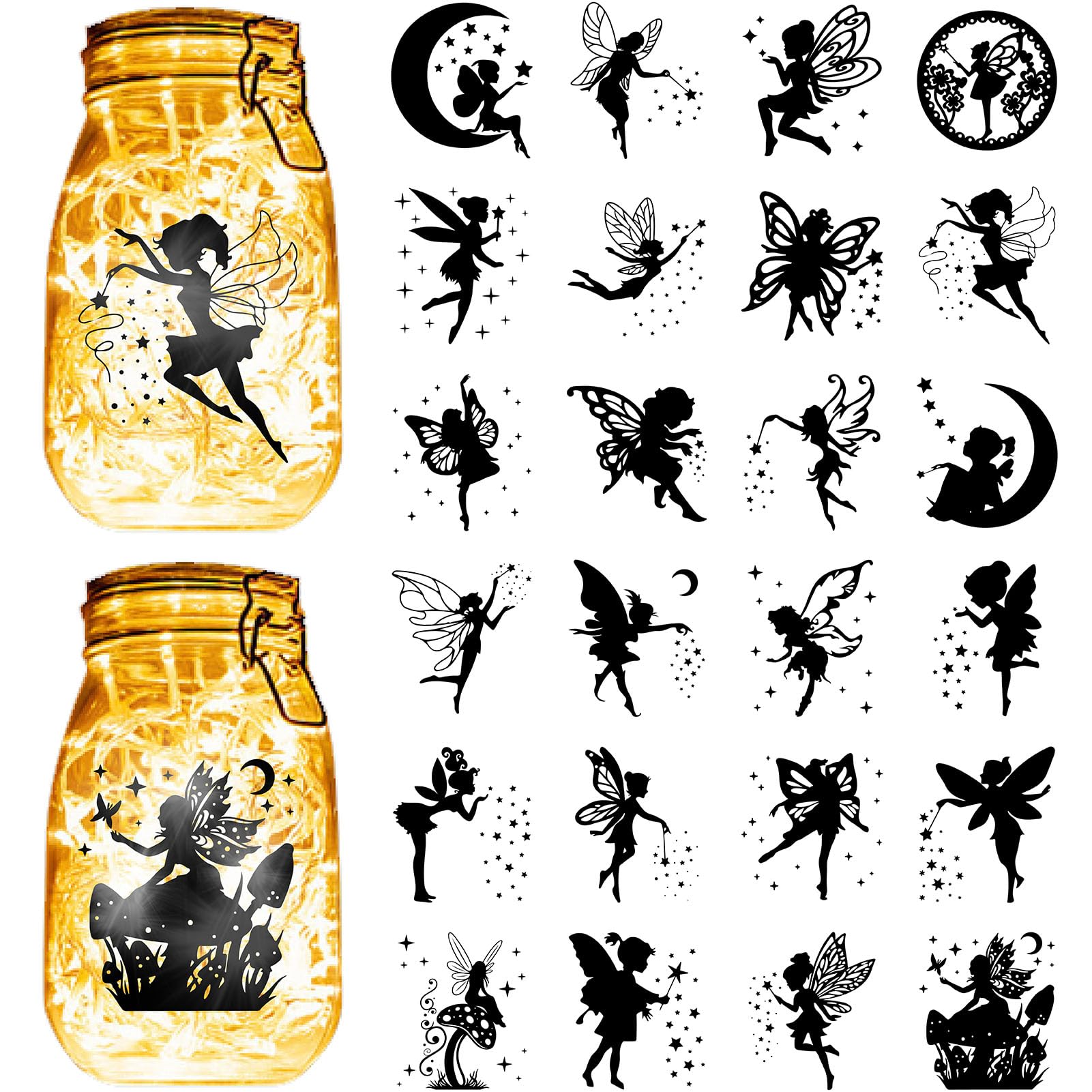 CREATCABIN 24Pcs Fairy Angel Silhouettes Mason Jar Decor Star Laser Cut Cardboard Scrapbook Cutouts Die Cuts PVC for Crafting Lantern Jars Wall Painting Windows Glass Phones 3.9x3.5Inch-No Sticker