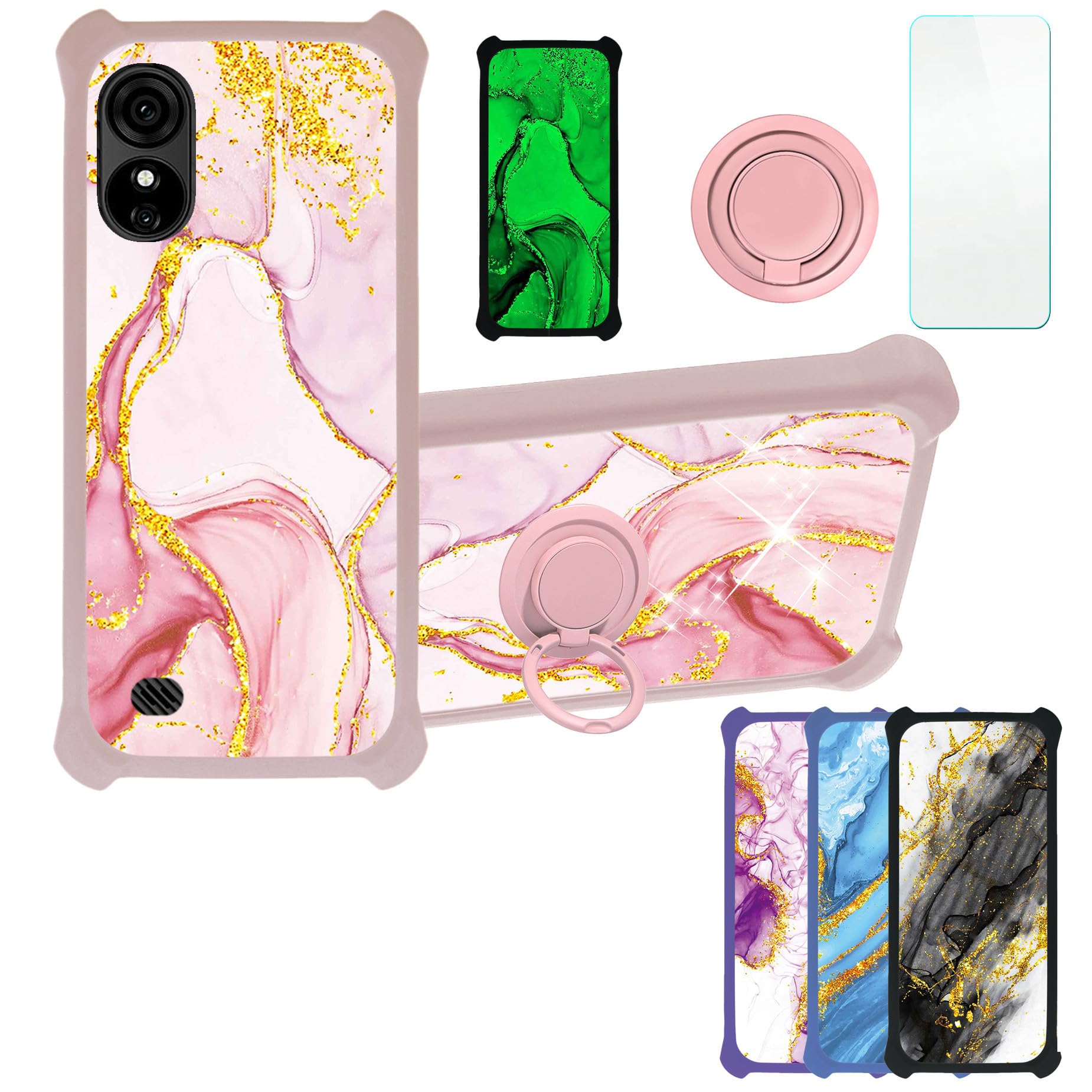 Aroepurt BLU G33 Case Compatible with BLU G33 Phone Case Cover [with Tempered Glass Screen Protector][Hard PC + Soft Silicone][Ring Support] [Gold Glitter+Luminous] JSF-FDL