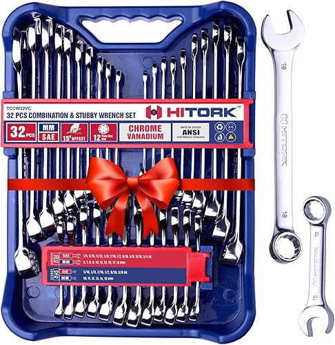 HITORK Juego de llaves de 32 piezas SAE y métricas, 20 estándar y 12 llaves combinadas rechonchas, acero Cr-V de 12 puntos, acabado de espejo de 15