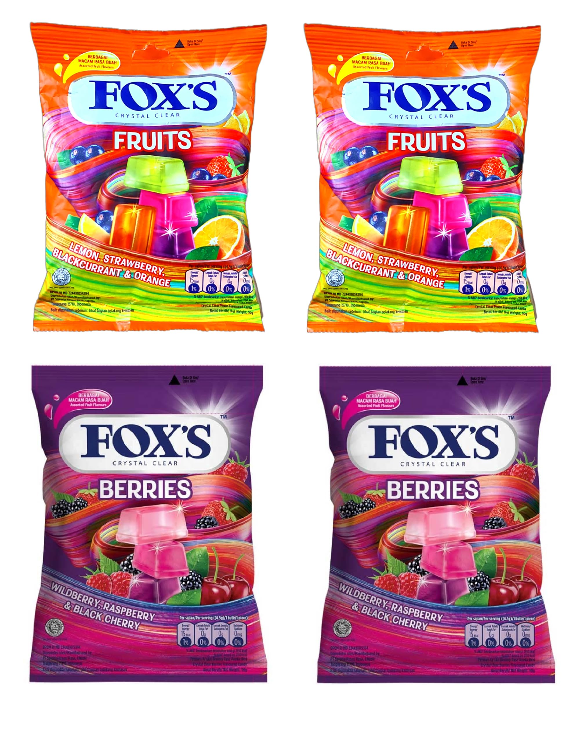 Fox's Crystal Clear Berries Candy Pouch Pack Of 2, Fruits Candy Pouch Pack Of 2, (90g x 4 Packs)