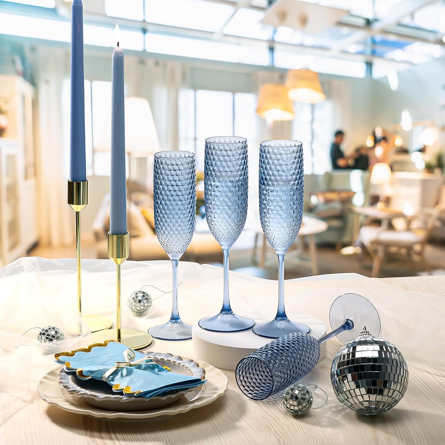 24 Pack Plastic Champagne Flutes Vintage Light Blue Goblet Champagne Glasses Unbreakable Wedding Toasting Glasses Diamond Wine Glasses Crystal Wine Cups Clear Drinking Glasses 5.5 OZ for Bridal Shower - Image 7