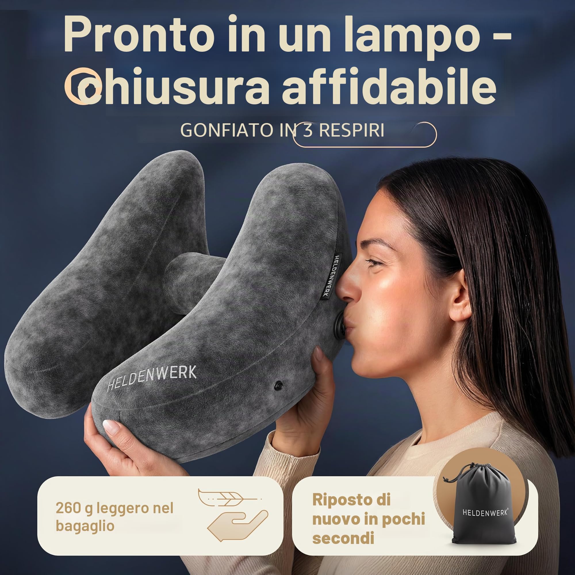 HELDENWERK® Premium Air Cuscino cervicale gonfiabile da viaggio per auto | Design ErgoRing, 5 posizioni di sonno, con cappuccio rimovibile, gonfiabile in pochi secondi, 100% impermeabile