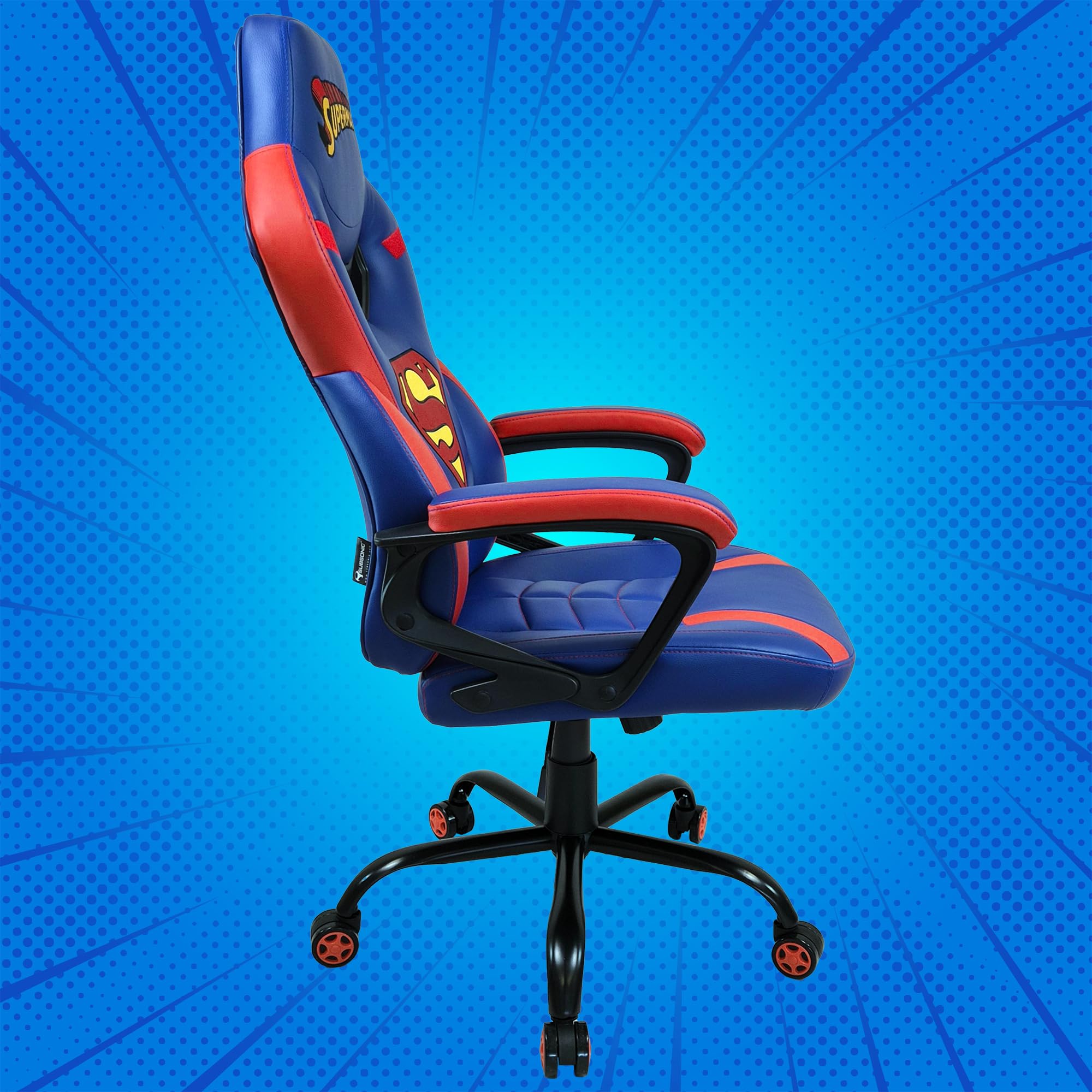 SUBSONIC - Sedia da gaming, sedia da ufficio Superman, sedia da gaming per bambini, comoda seduta a dondolo, poggiatesta e braccioli integrati, schienale ergonomico, altezza regolabile - Blu e rosso