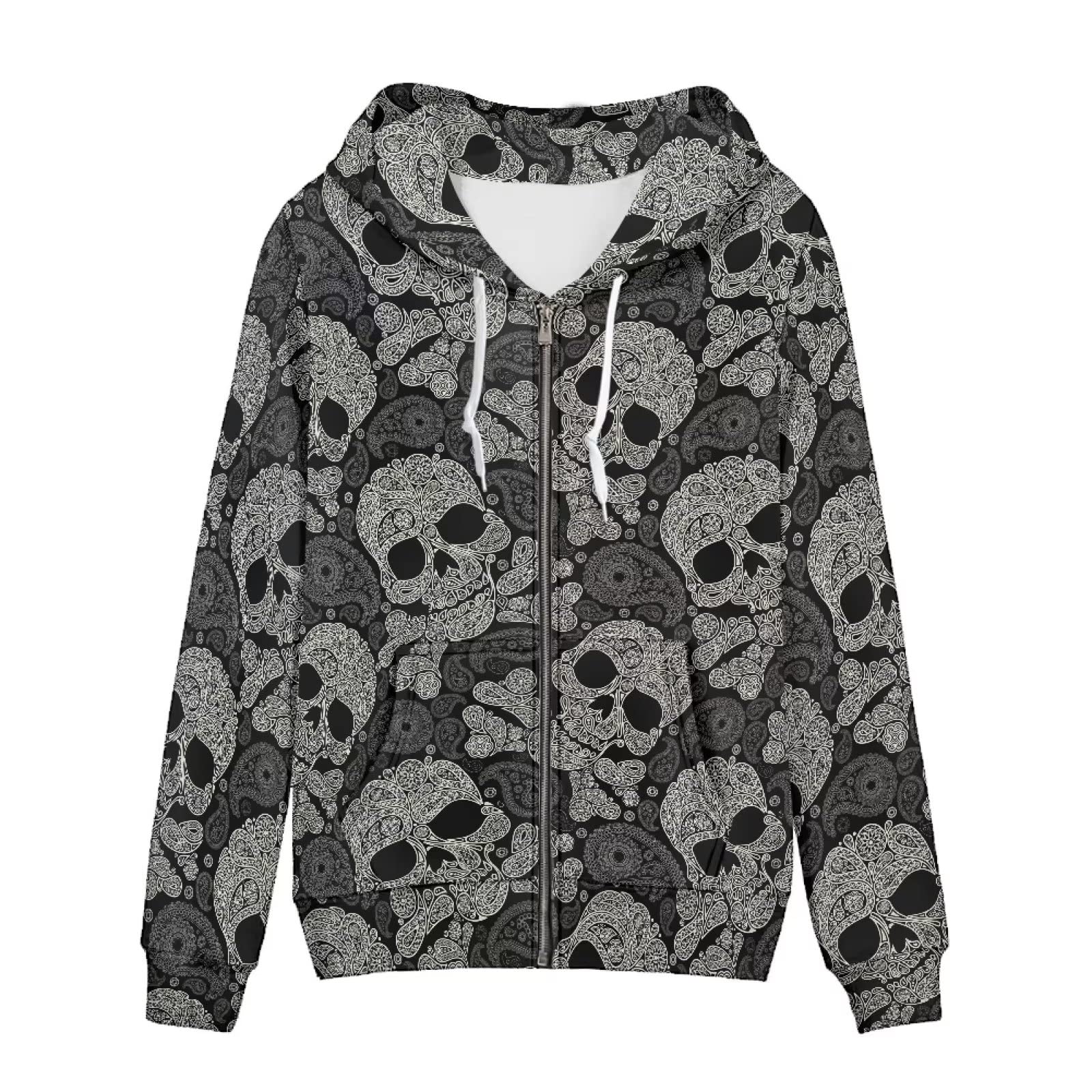 Binienty Carino Felpe con cappuccio Giacca Oversize Felpe Casual Coulisse Zip Up Felpa con cappuccio con tasca, Teschio Paisley, M