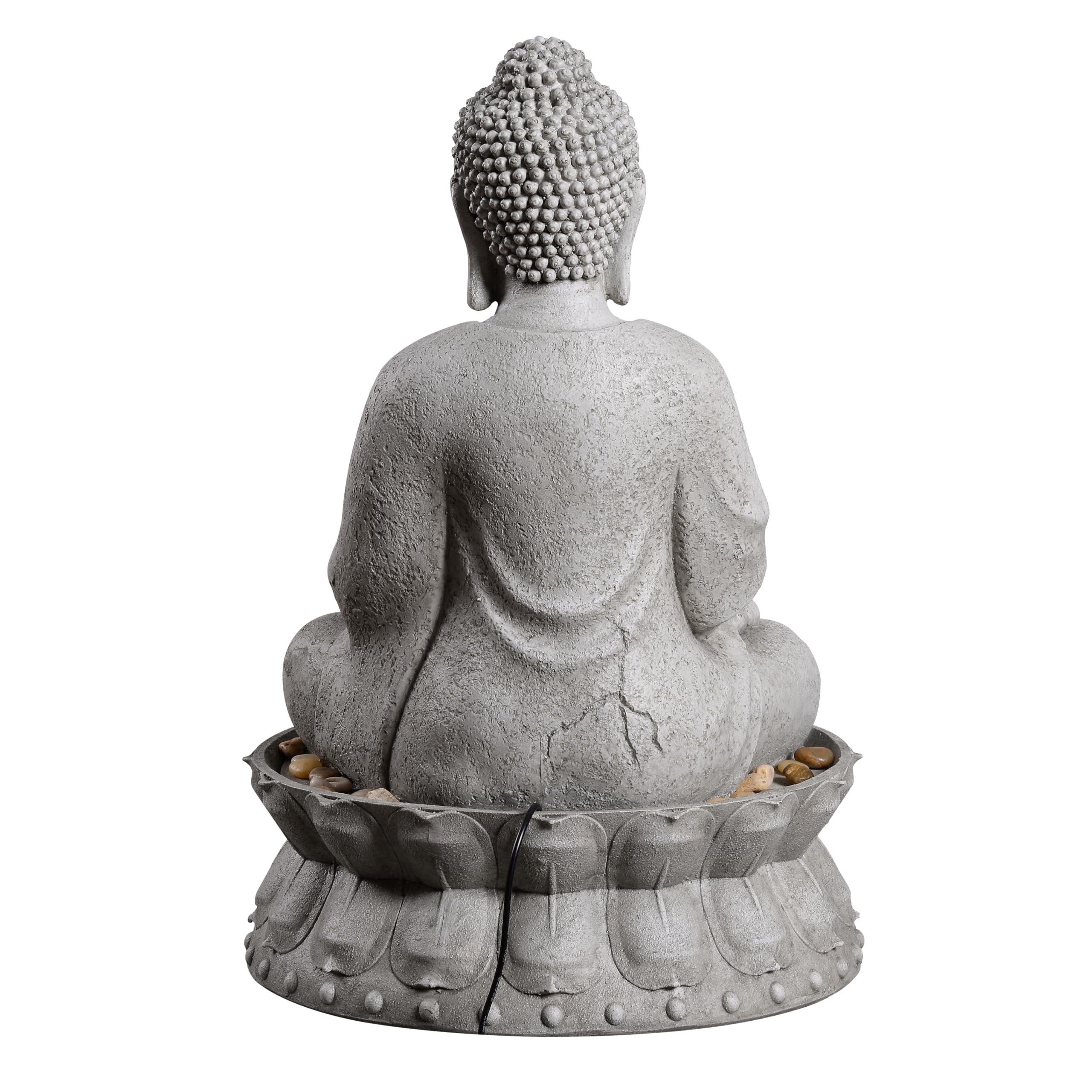 Fontaine à eau d'extérieur Bouddha méditant avec lumière LED, finition pierre grise, base lotus avec galets