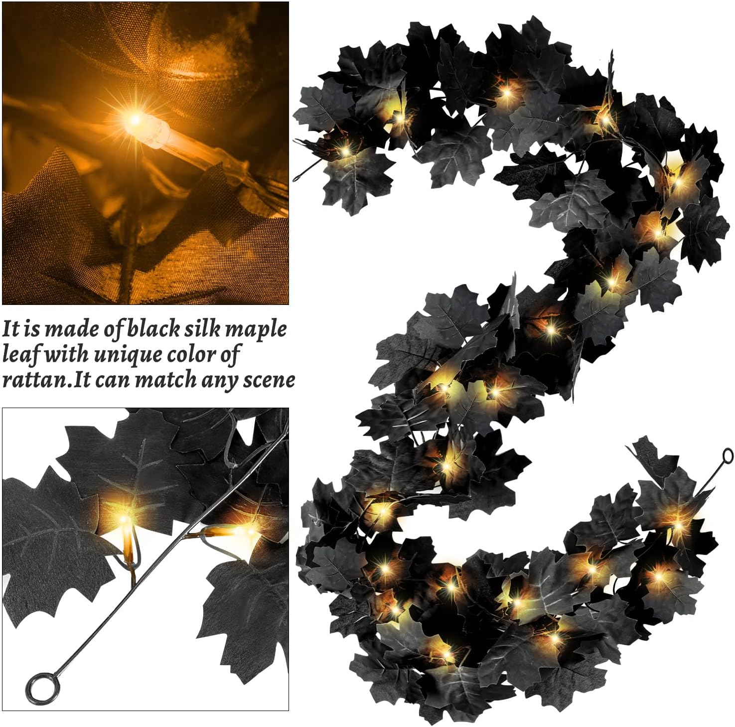 Black Leaf Garland with Yellow Lights, 2 Pack Halloween Artificial Hanging Fall Leave Vines with 20 LED, Fall Floral Garlands Thanksgiving Decor for Home Wedding Party (11.8FT)