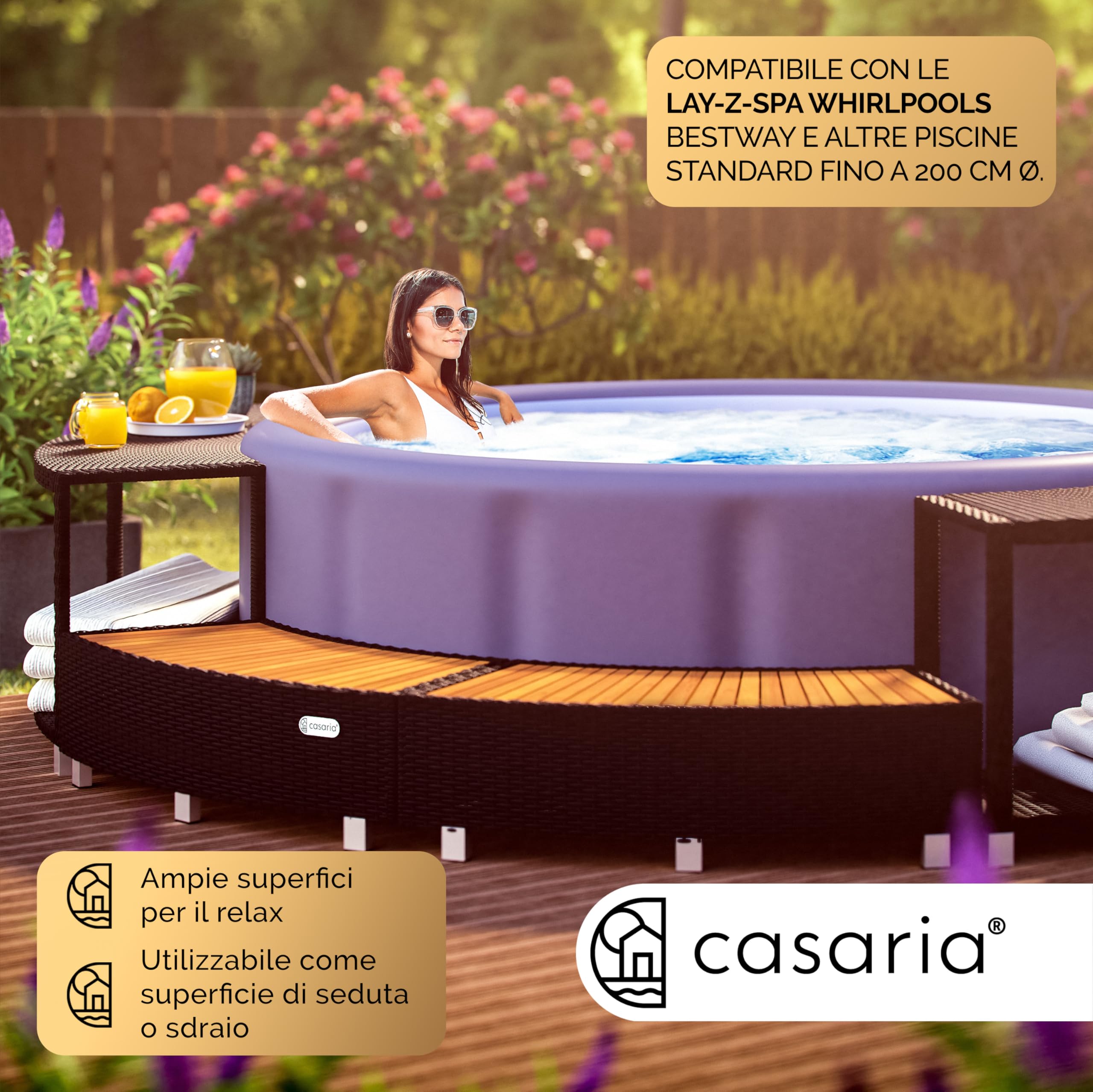 Casaria Cornice Vasca Idromassaggio Polyrattan Ø206cm Nero | Legno Eucalipto Certificato FSC, Whirpool, Bordo Piscina, Resistente ai Raggi UV, Telaio Zincato