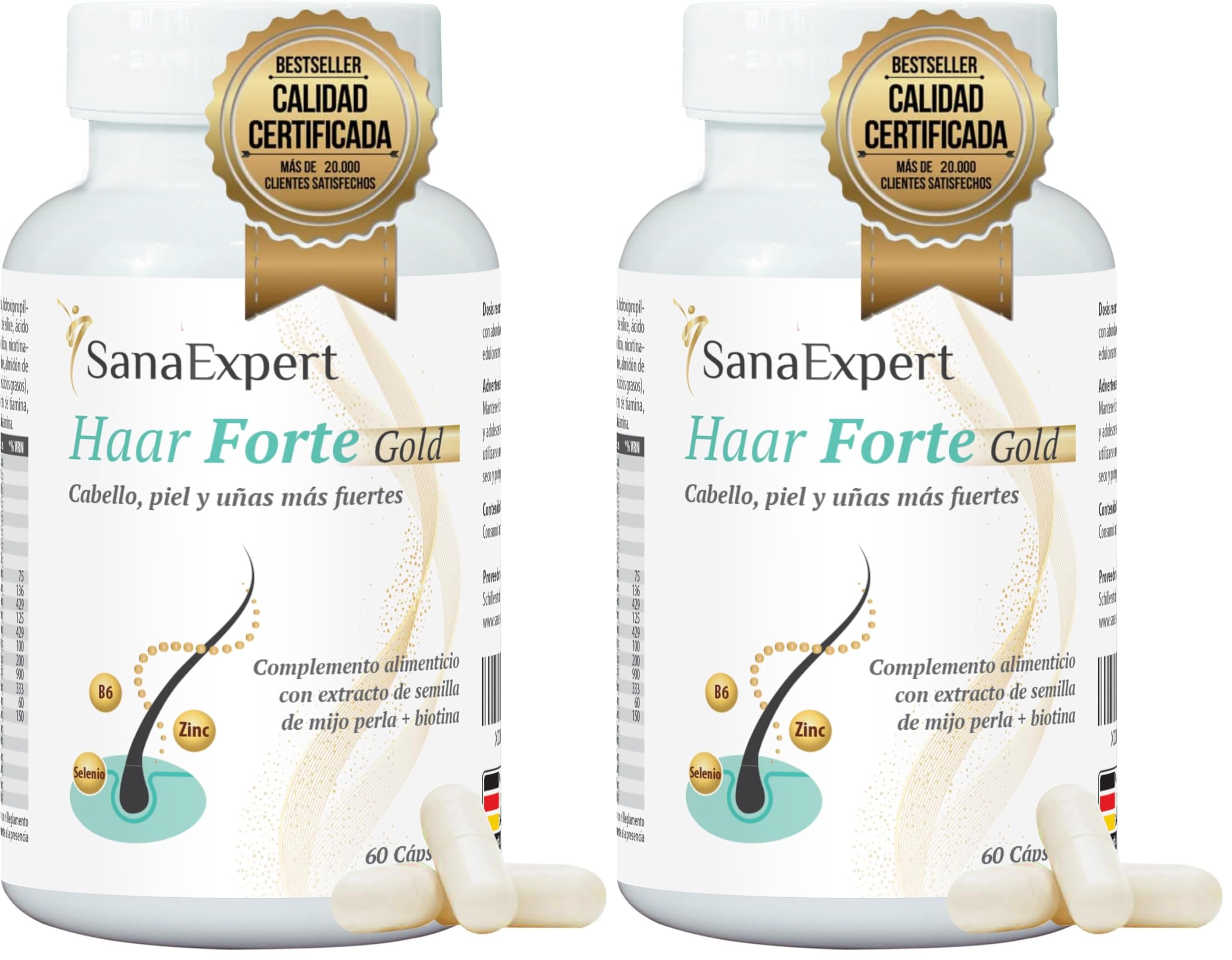 SanaExpert® Haar Forte Gold | Suplemento Capilar Vegano para Fortalecer el Cabello | Pastillas con Vitaminas, Bambú, Melanina, Biotina y Zinc | 60 Cápsulas | Fabricado en Alemania (Paquete de 2)