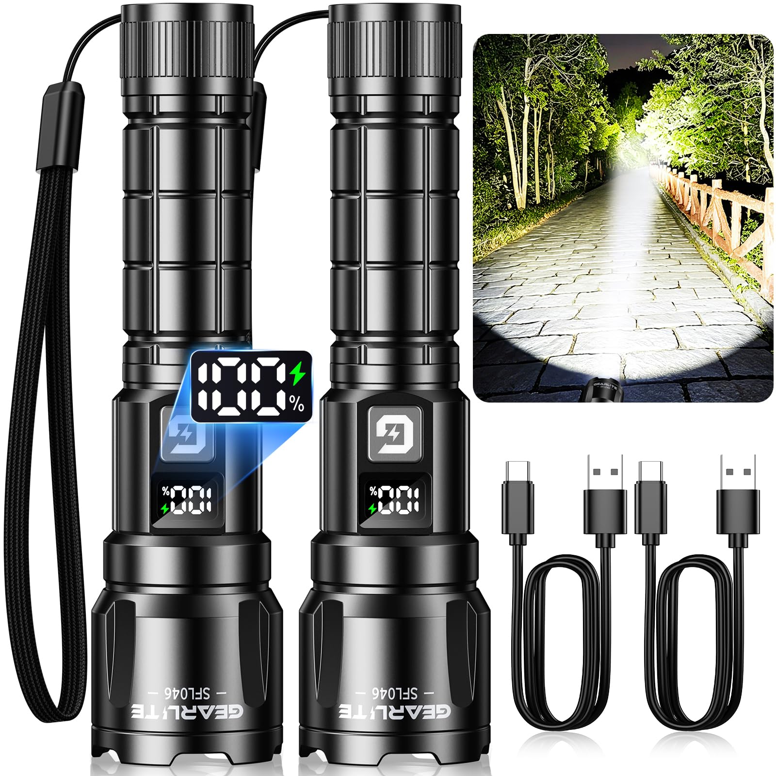 GEARLITE Taschenlampe LED Aufladbar 2 Stück, 6000LM Extrem Hell Handlampe | 3 Modi & Zoombare, 2000mAh, LCD Akkuanzeige, XHP70.2, Luftfahrt-Alu, IP65 Wasserdicht, für Camping, Outdoor, Notfall, Wandern