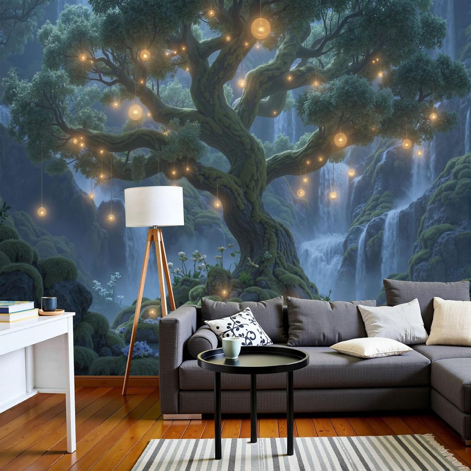 Photo wallpaper, fantasy waterfalls, non-woven, magical giant trees XXL modern wall, green wall decor decoration for living room bedroom, 430cm x 300cm stickers - frameless painting - poster
