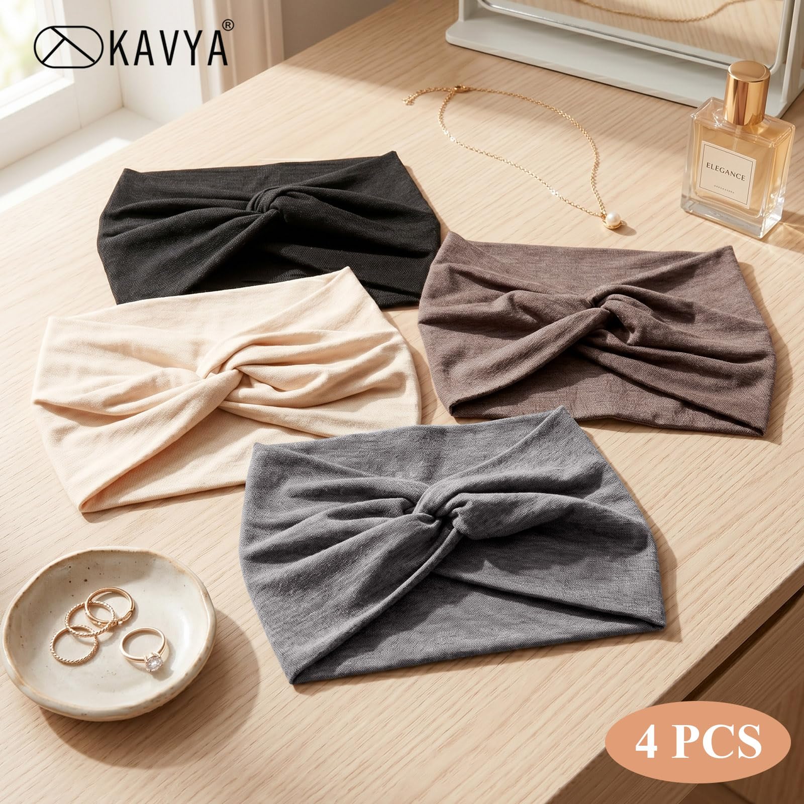 Kavya Fascia Capelli Donna Cerchietto Capelli Donna 4 Pezzi – 7'' Extra Large Elastico Boho, Turbante Fasce per Capelli Bandana Headband per Yoga, Skincare e Lavoro Quotidiano