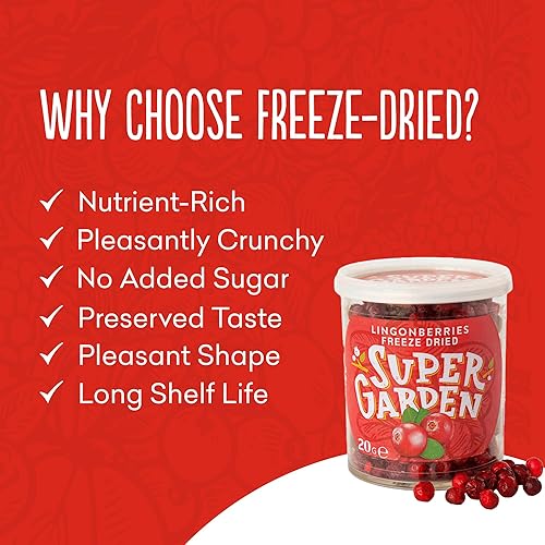 Super Garden Lingonberries liofilizados Frutas liofilizadas crujientes Deliciosas y 100% puras arándanos rojos secos Bayas liofilizadas sin