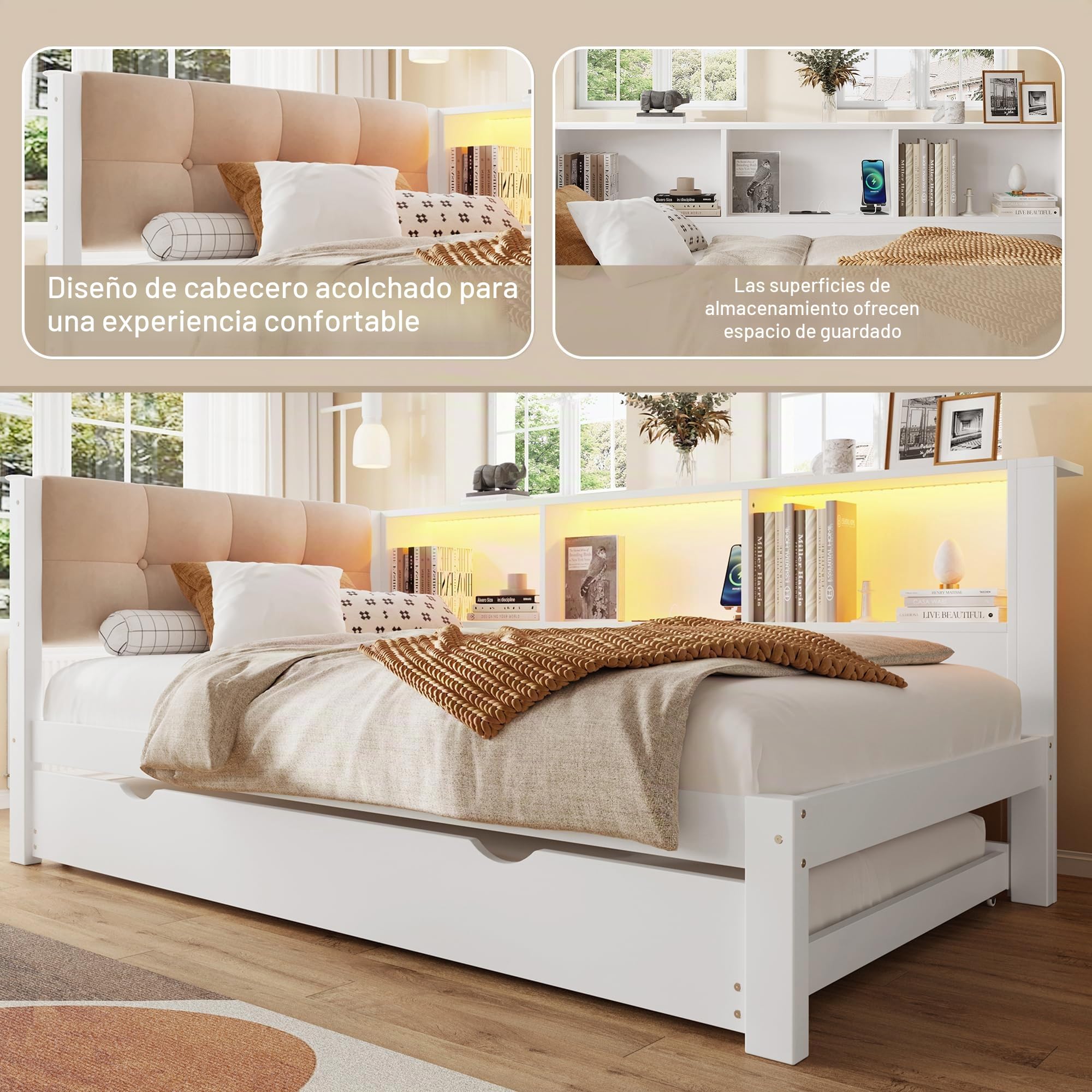 Cama infantil de 90 x 200 cm, con cama nido de 90 x 190 cm, con conector USB y tira LED, sofá cama con cabecero acolchado, estructura de madera, blanco, sin colchón (blanco, 90 x 200 cm)