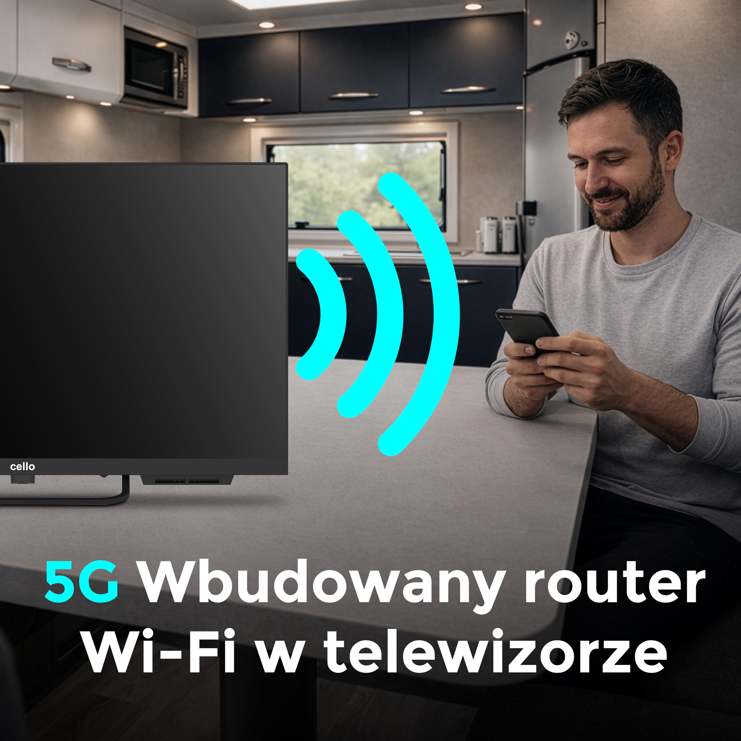 Cello Voyager 24” Smart TV 12V z routerem 5G WiFi – tworzy Internet wszędzie, idealny do kampera i przyczepy, Tizen OS
